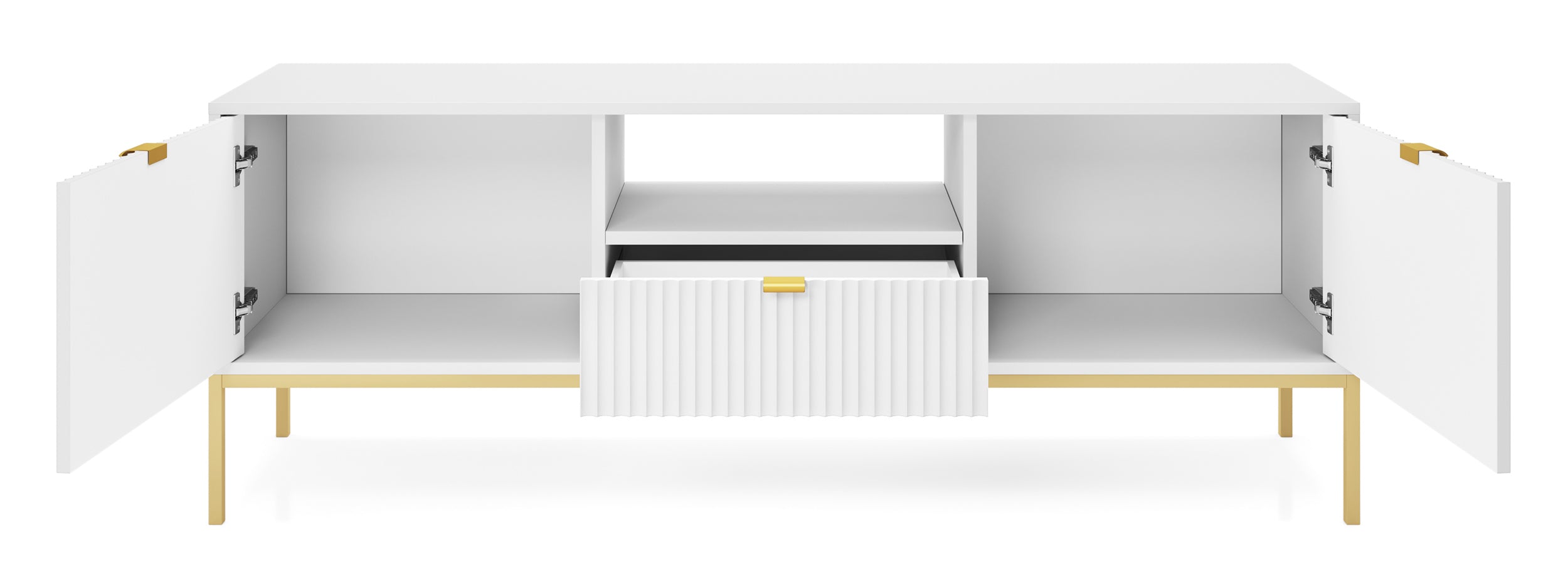 TV-Schrank Vellore 154 cm weiß mit gerillten Fronten und goldenem Gestell
