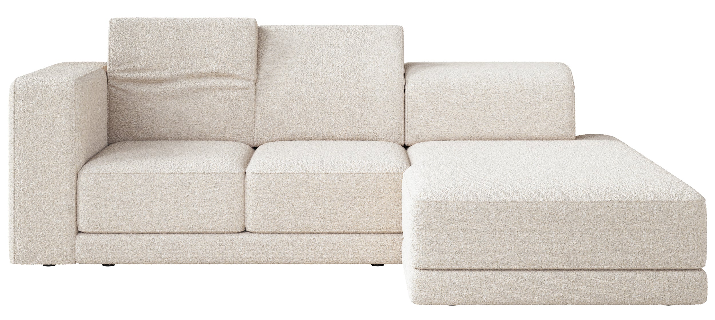 Ecksofa Novals, L-förmig, rechtsseitig, mit verstellbaren Kopfstützen, cremefarbener Bouclé-Stoff