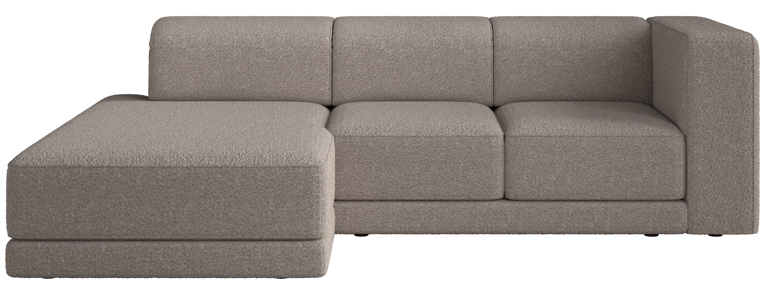 Ecksofa Novals, L-förmig, linksseitig mit verstellbaren Kopfstützen, grau-beiges Bouclé