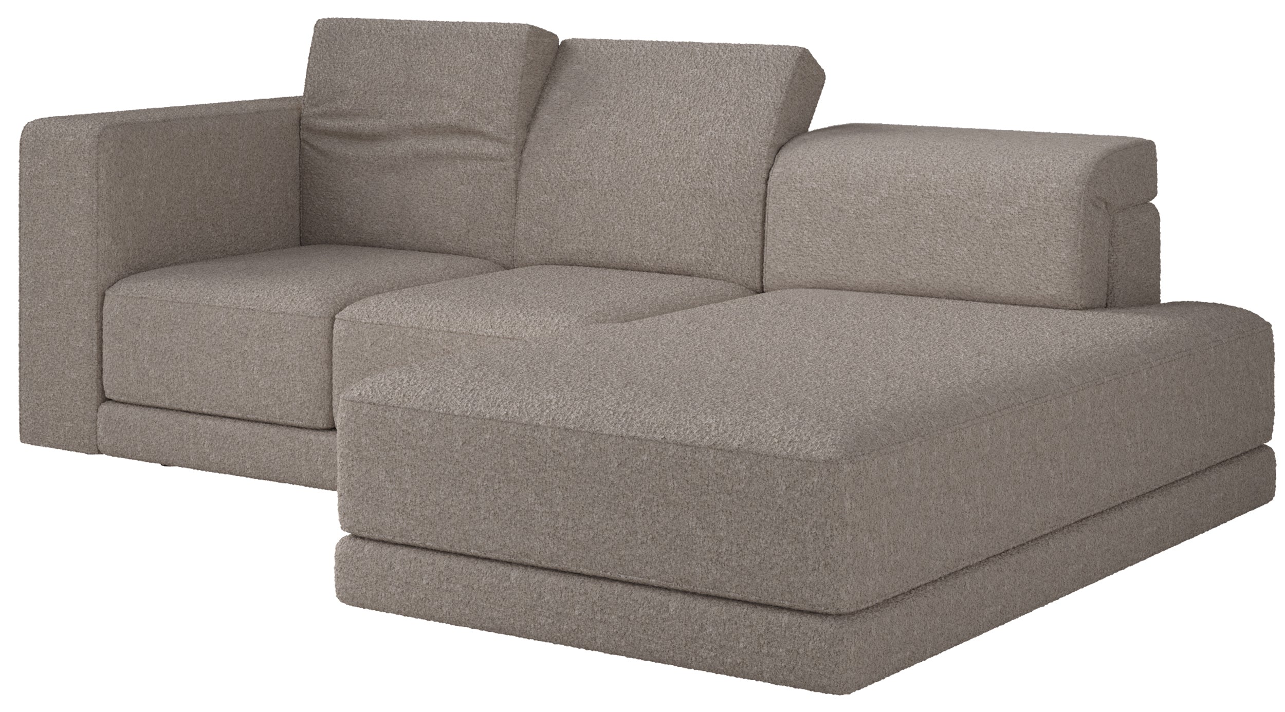 Ecksofa Novals, L-förmig, rechtsseitig mit verstellbaren Kopfstützen, grau-beiger Bouclé-Stoff
