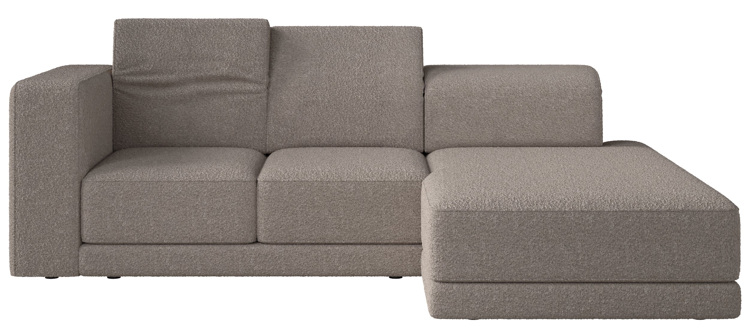 Ecksofa Novals, L-förmig, rechtsseitig mit verstellbaren Kopfstützen, grau-beiger Bouclé-Stoff