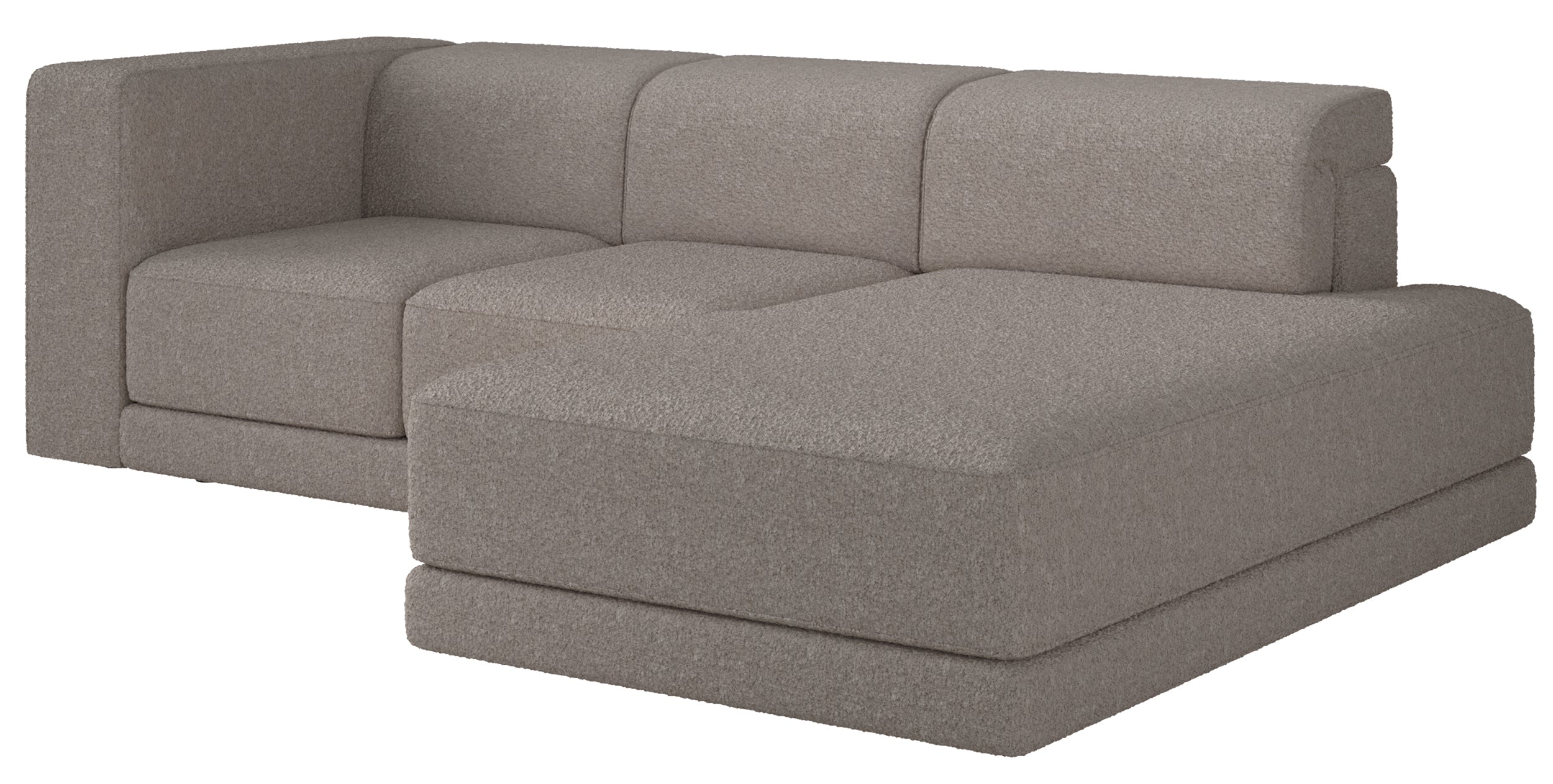 Ecksofa Novals, L-förmig, rechtsseitig mit verstellbaren Kopfstützen, grau-beiger Bouclé-Stoff