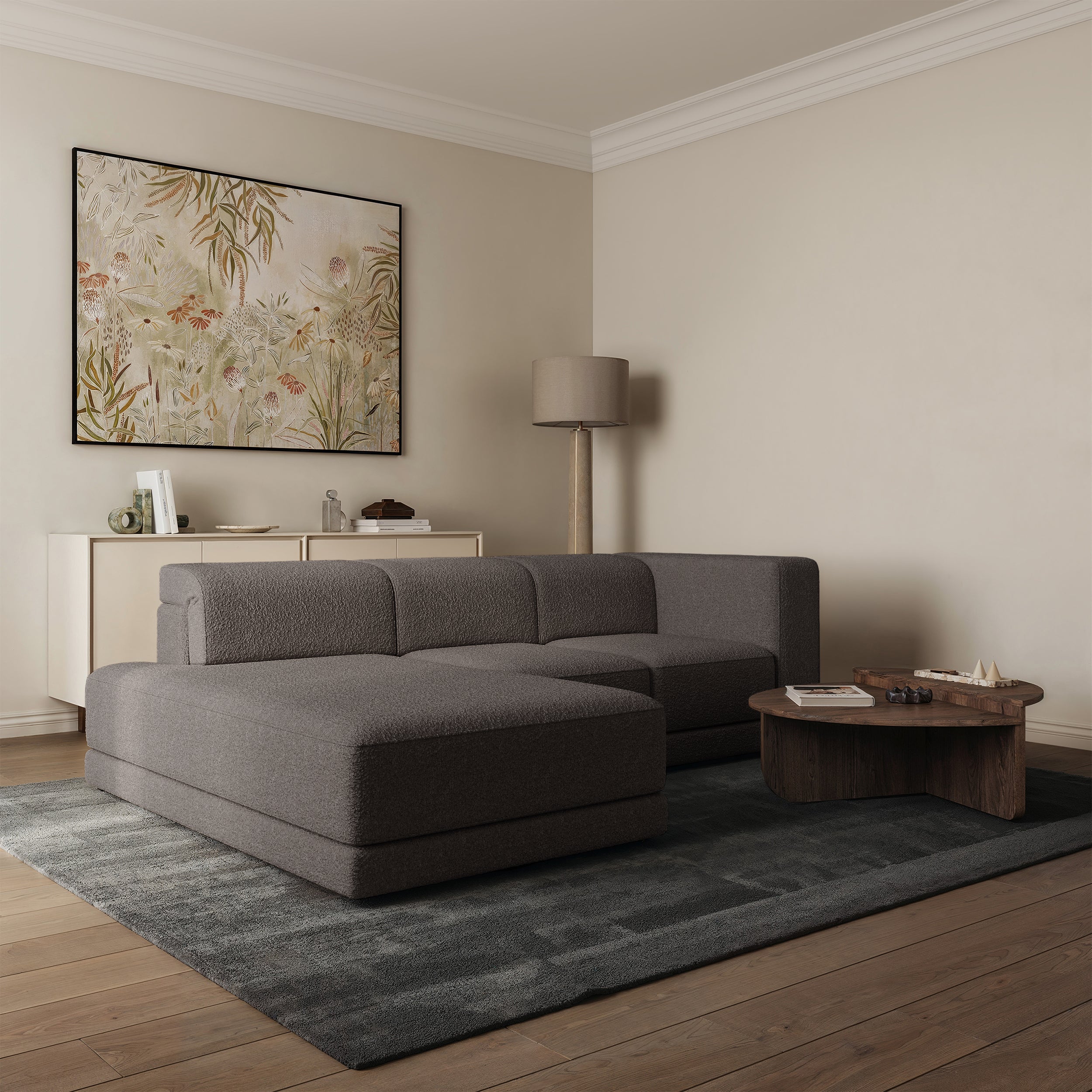 Ecksofa Novals L-förmig links mit verstellbaren Kopfstützen, braunes Bouclé