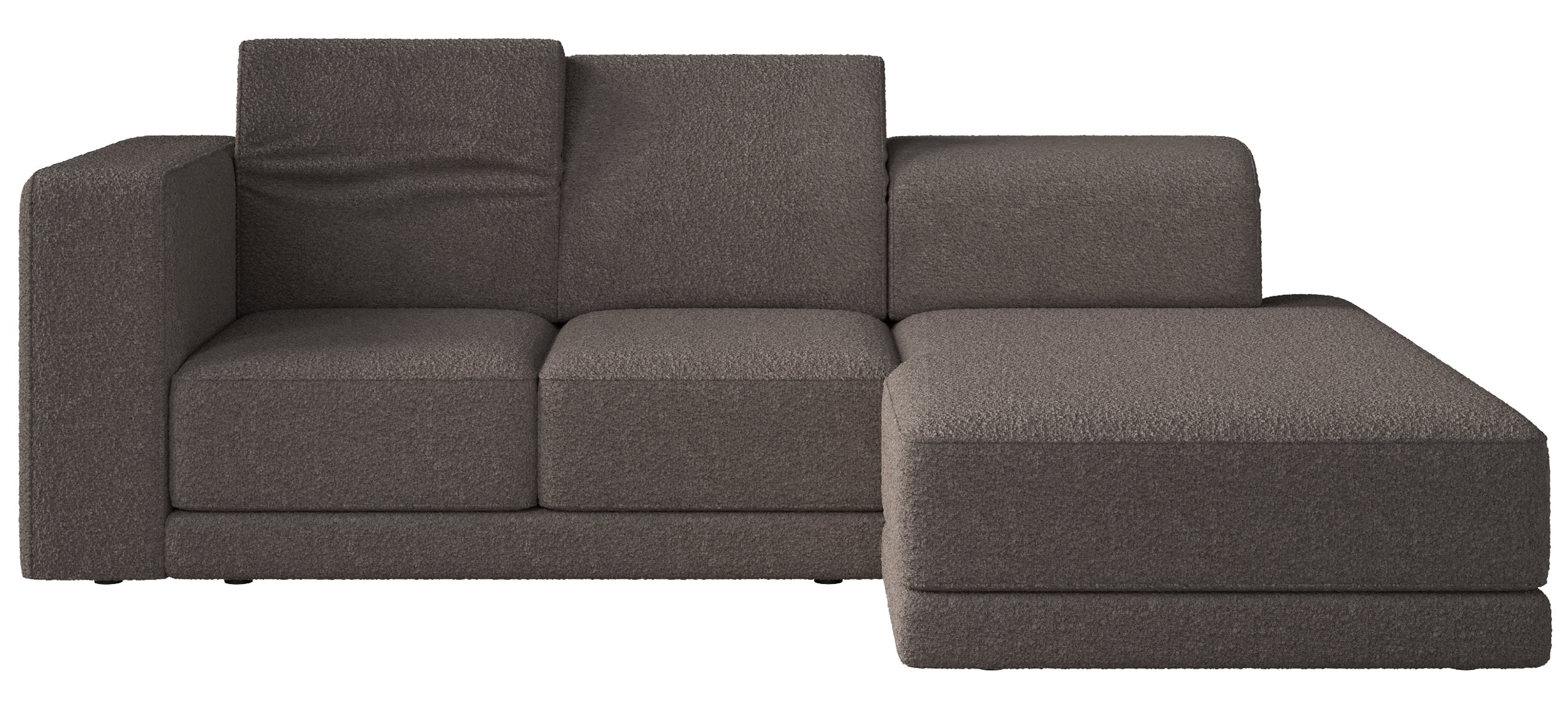 Ecksofa Novals, L-förmig, rechtsseitig mit verstellbaren Kopfstützen, braunes Bouclé