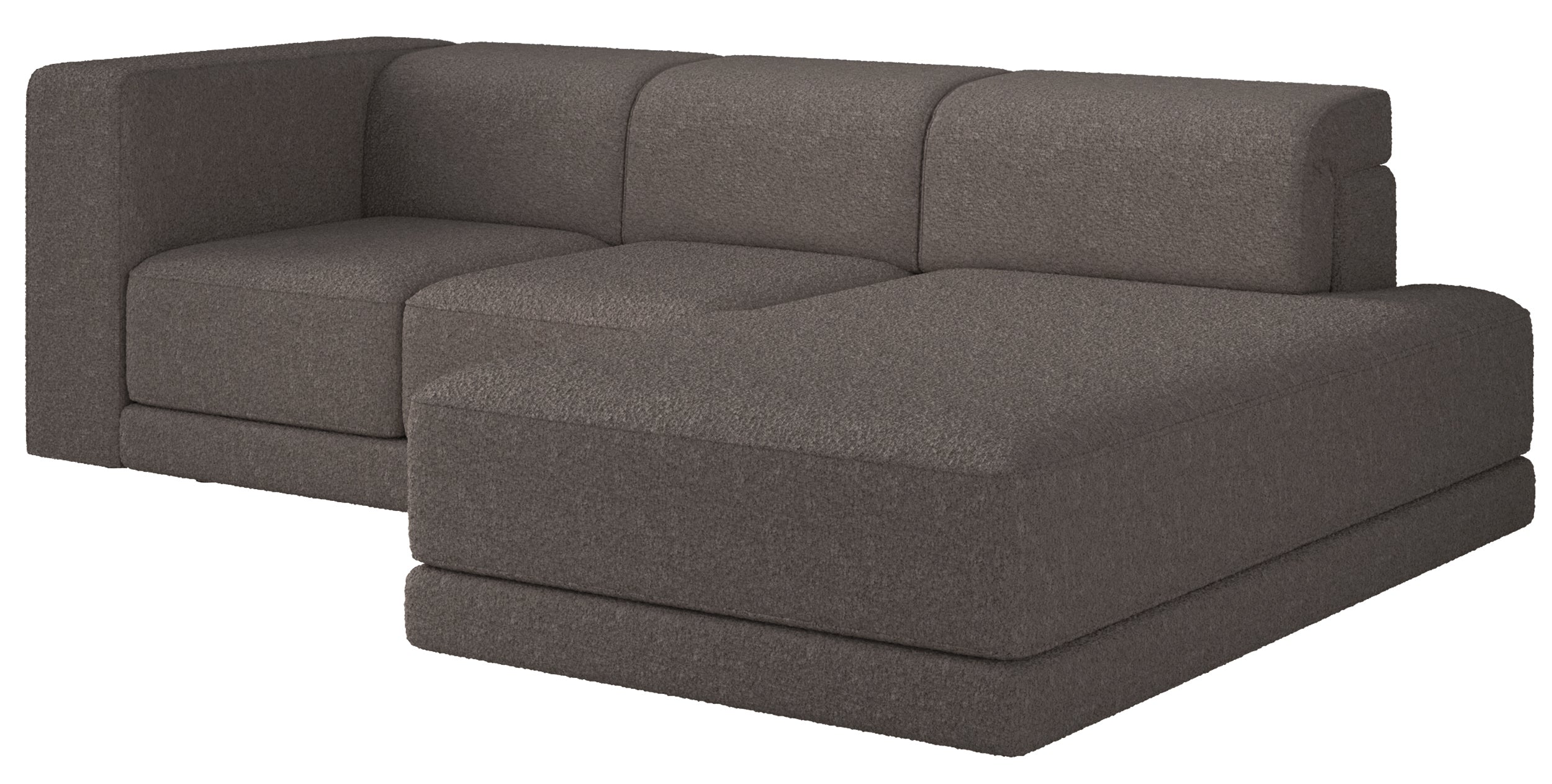 Ecksofa Novals, L-förmig, rechtsseitig mit verstellbaren Kopfstützen, braunes Bouclé