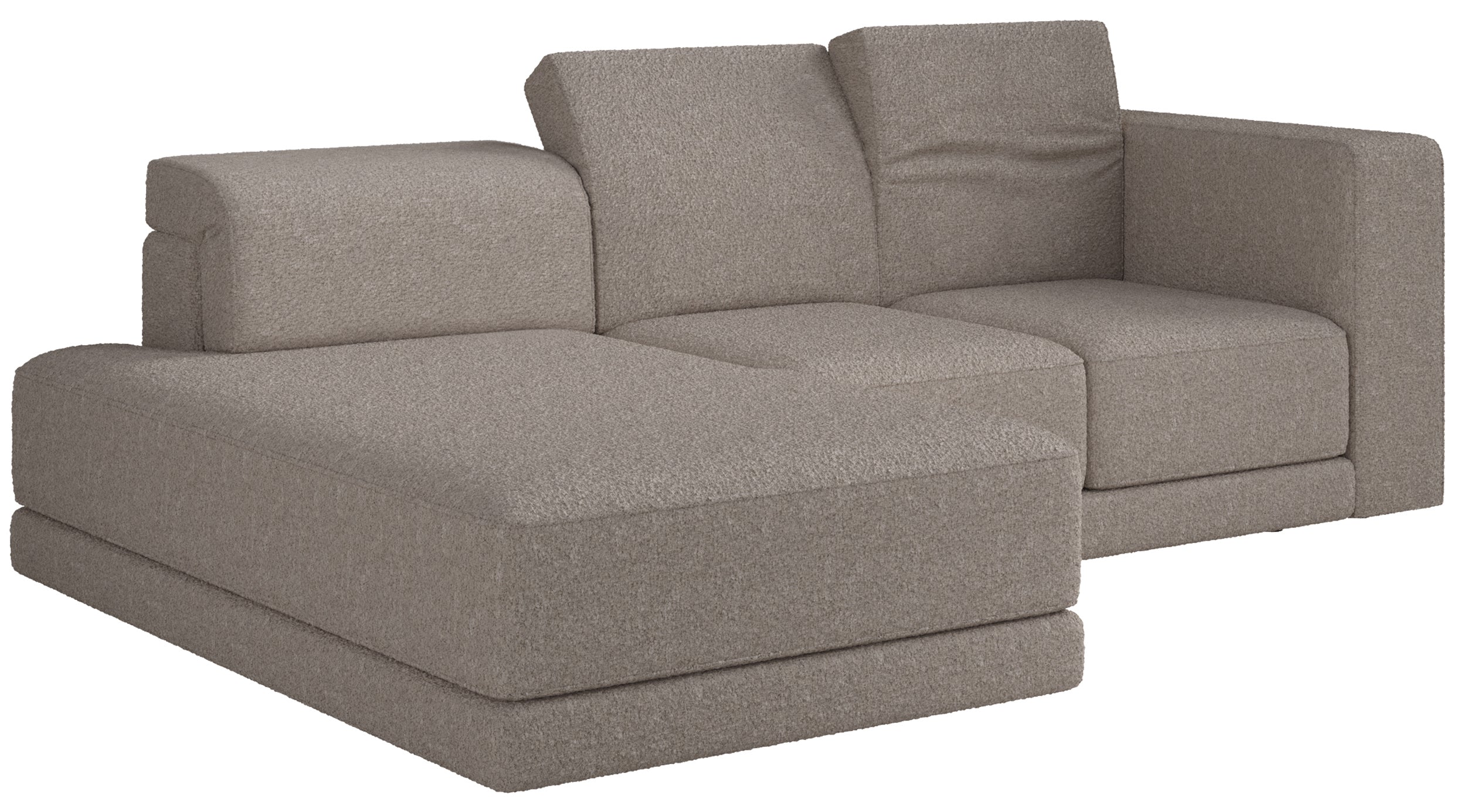 Ecksofa Novals, L-förmig, linksseitig mit verstellbaren Kopfstützen, grau-beiges Bouclé