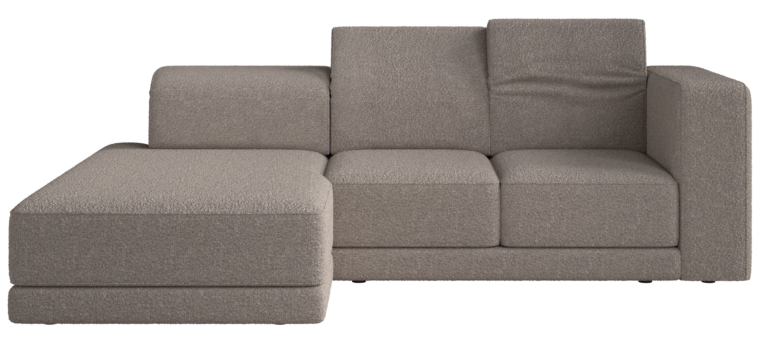 Ecksofa Novals, L-förmig, linksseitig mit verstellbaren Kopfstützen, grau-beiges Bouclé