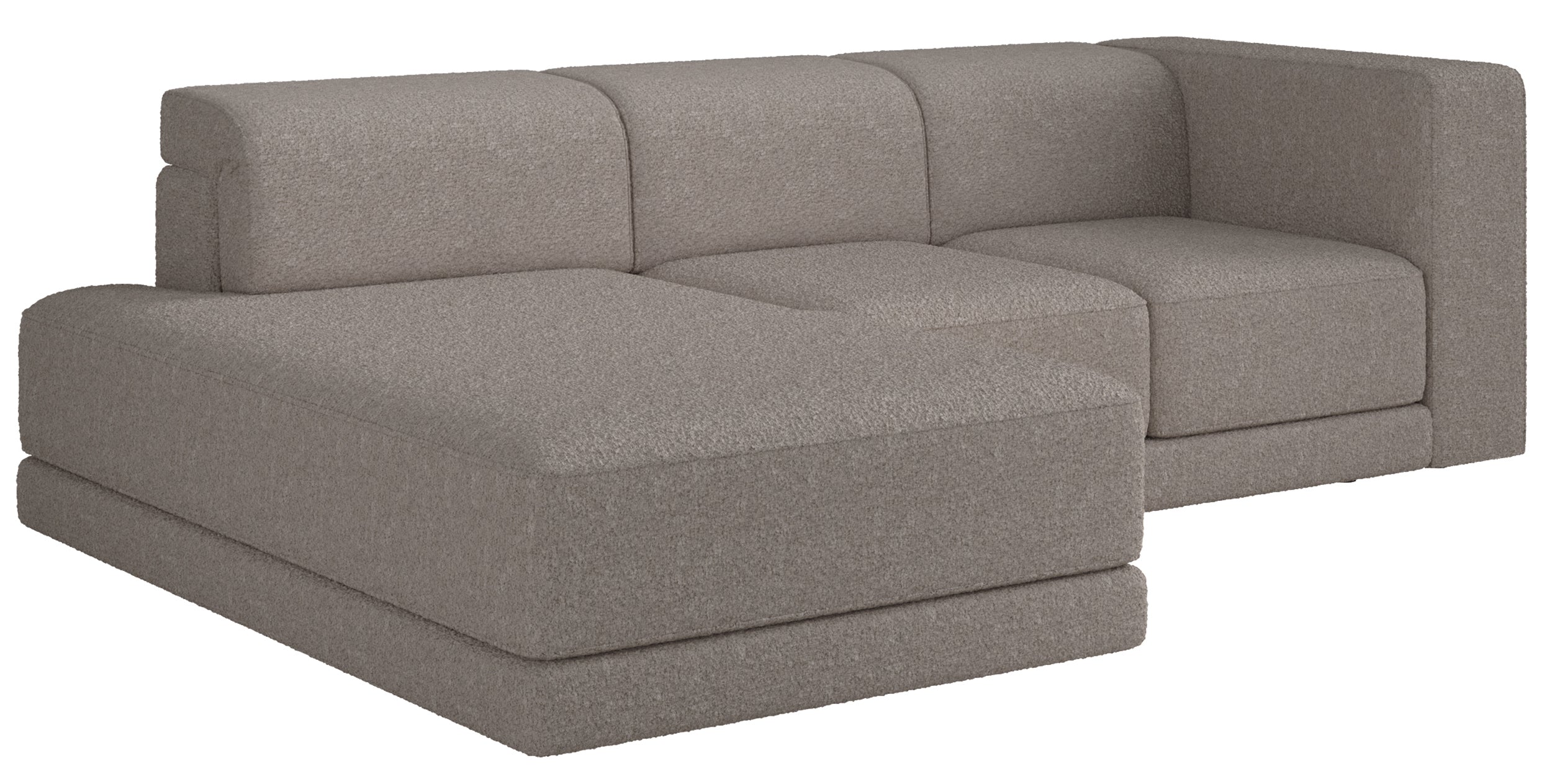Ecksofa Novals, L-förmig, linksseitig mit verstellbaren Kopfstützen, grau-beiges Bouclé