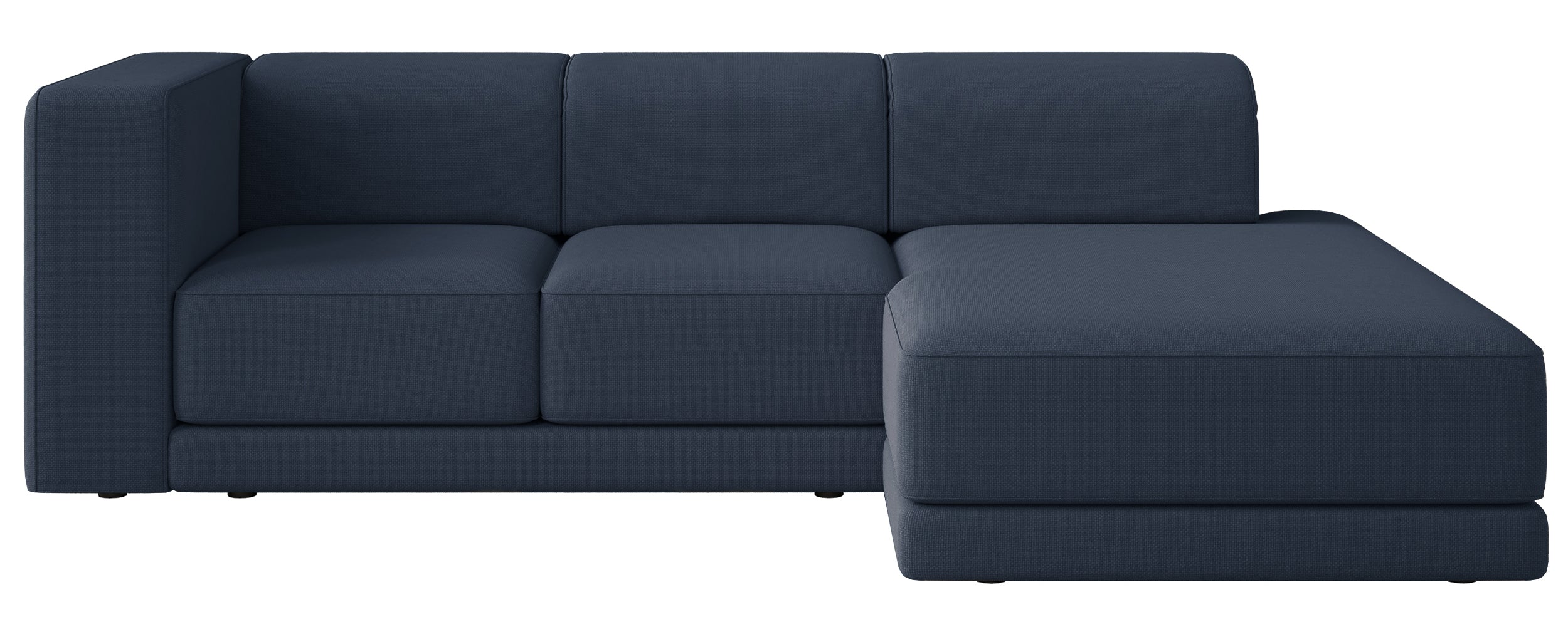 Ecksofa Novals, L-förmig, rechtsseitig mit verstellbaren Kopfstützen, marineblauer Chenille-Stoff