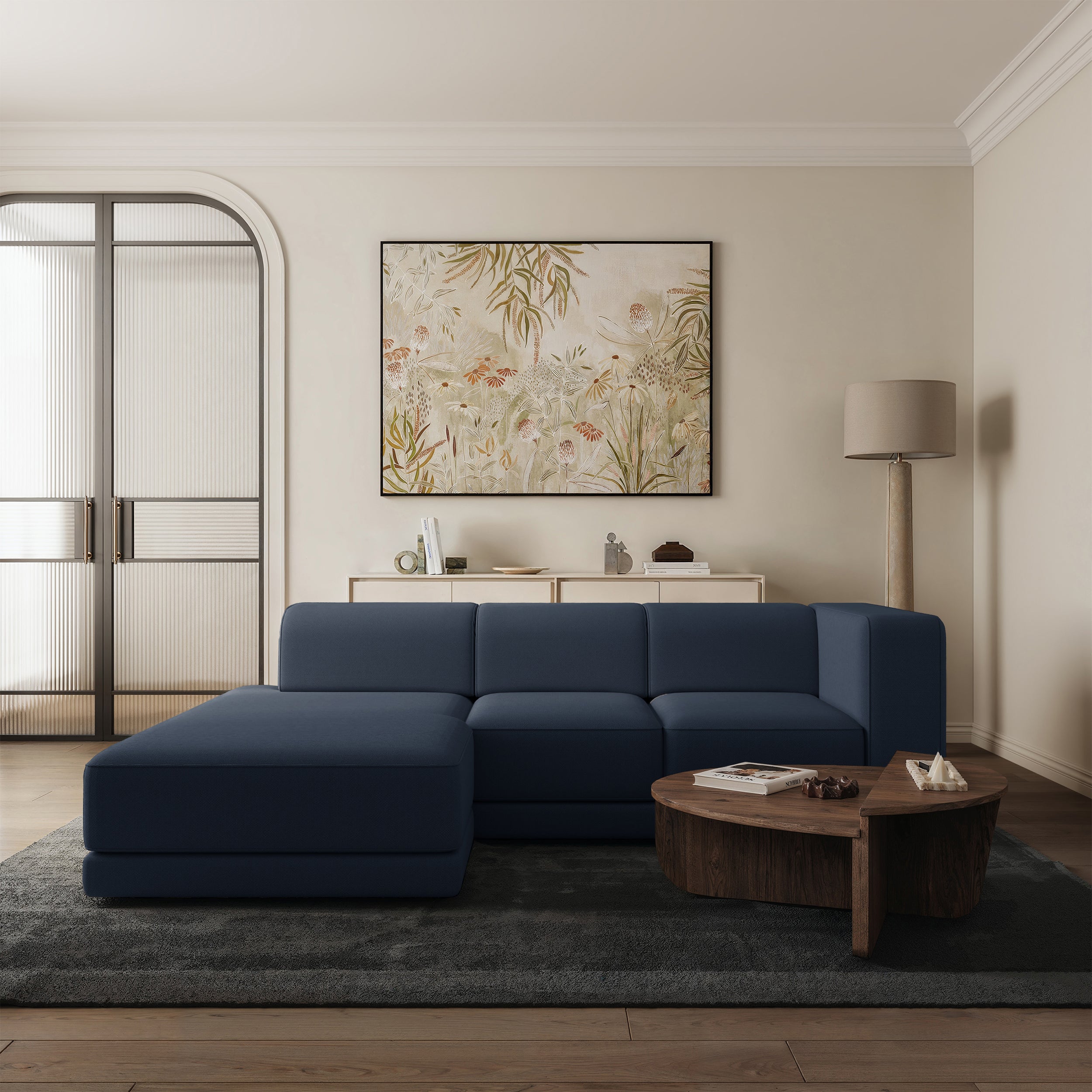 Ecksofa Novals L-förmig links mit verstellbaren Kopfstützen, marineblauer Chenillestoff