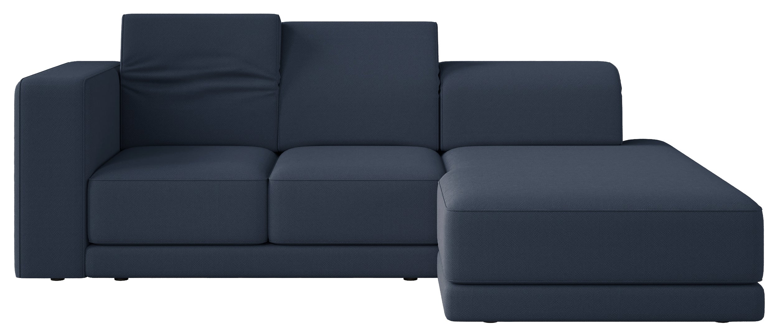 Ecksofa Novals, L-förmig, rechtsseitig mit verstellbaren Kopfstützen, marineblauer Chenille-Stoff