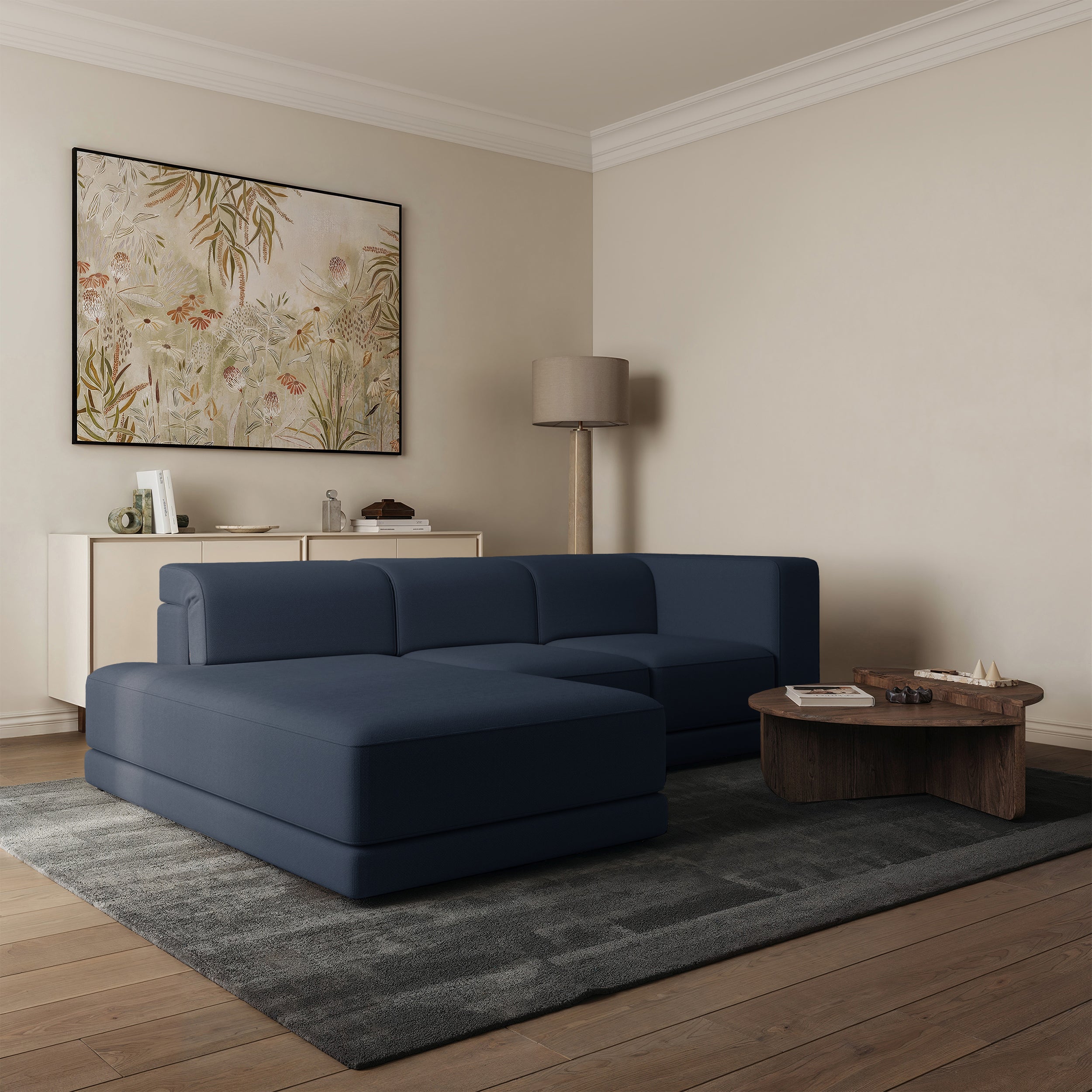 Ecksofa Novals L-förmig links mit verstellbaren Kopfstützen, marineblauer Chenillestoff
