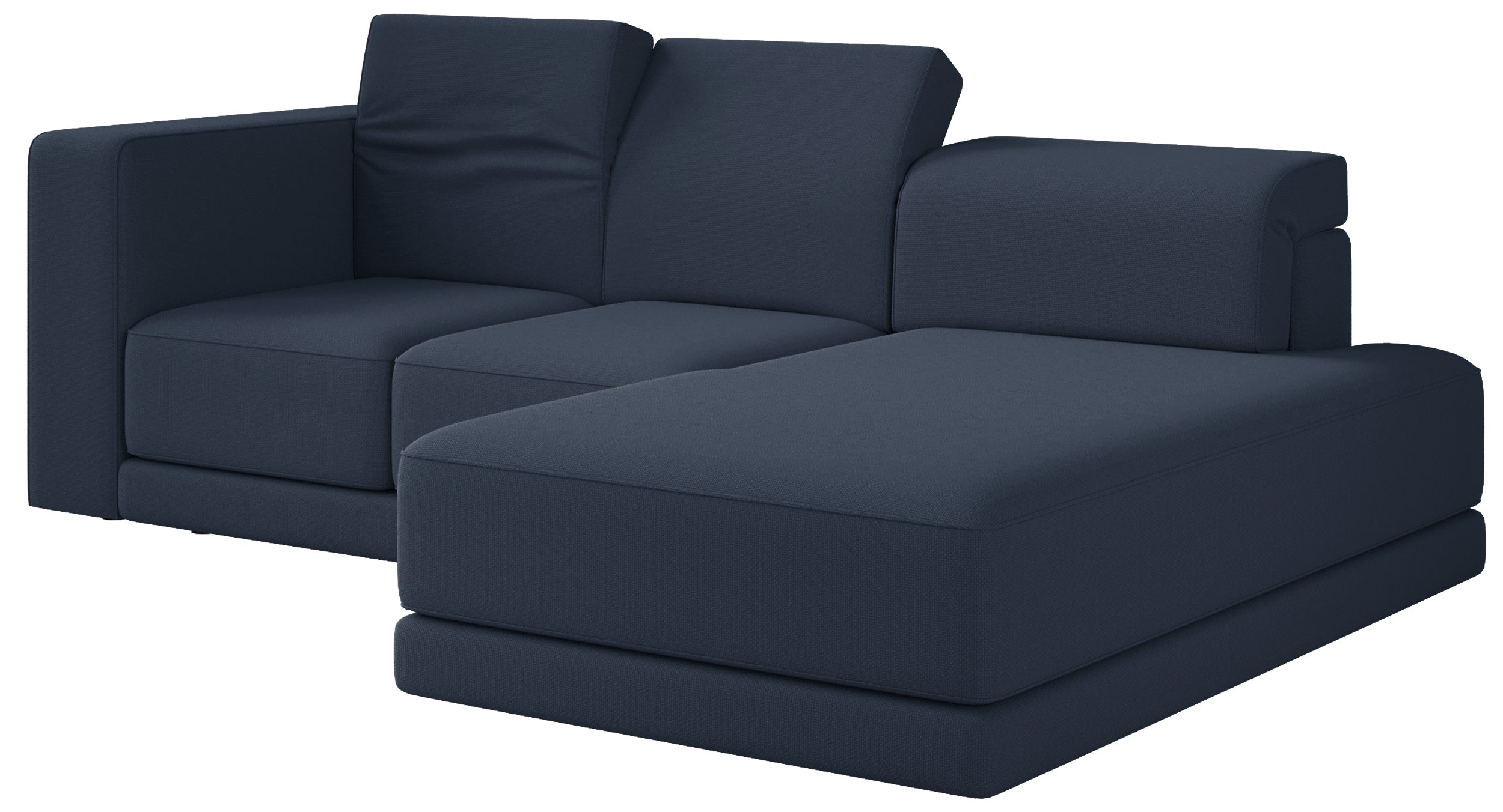 Ecksofa Novals, L-förmig, rechtsseitig mit verstellbaren Kopfstützen, marineblauer Chenille-Stoff