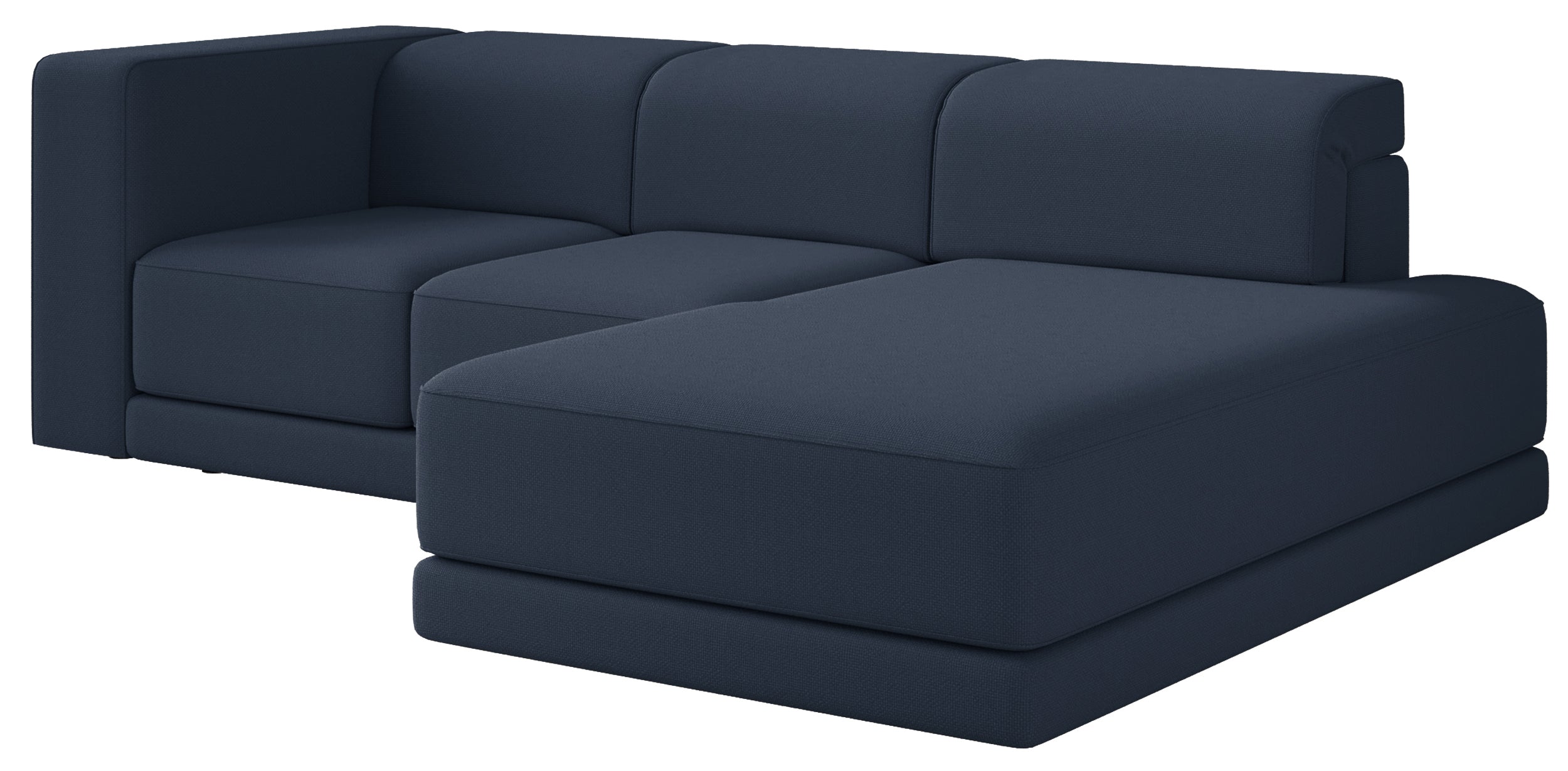 Ecksofa Novals, L-förmig, rechtsseitig mit verstellbaren Kopfstützen, marineblauer Chenille-Stoff