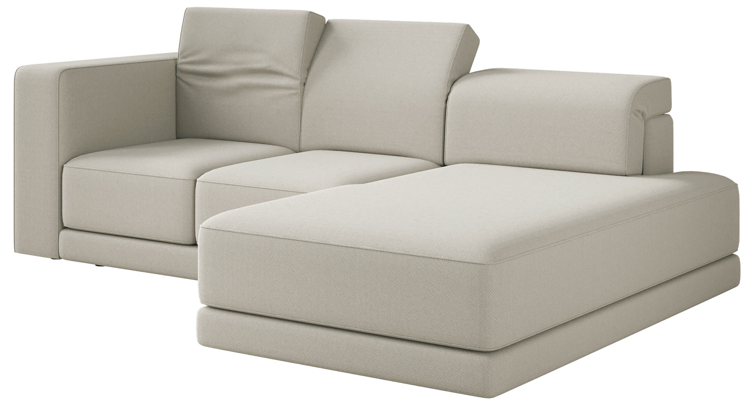 Ecksofa Novals, L-förmig, rechtsseitig, mit verstellbaren Kopfstützen, grau-beiger Chenille-Stoff