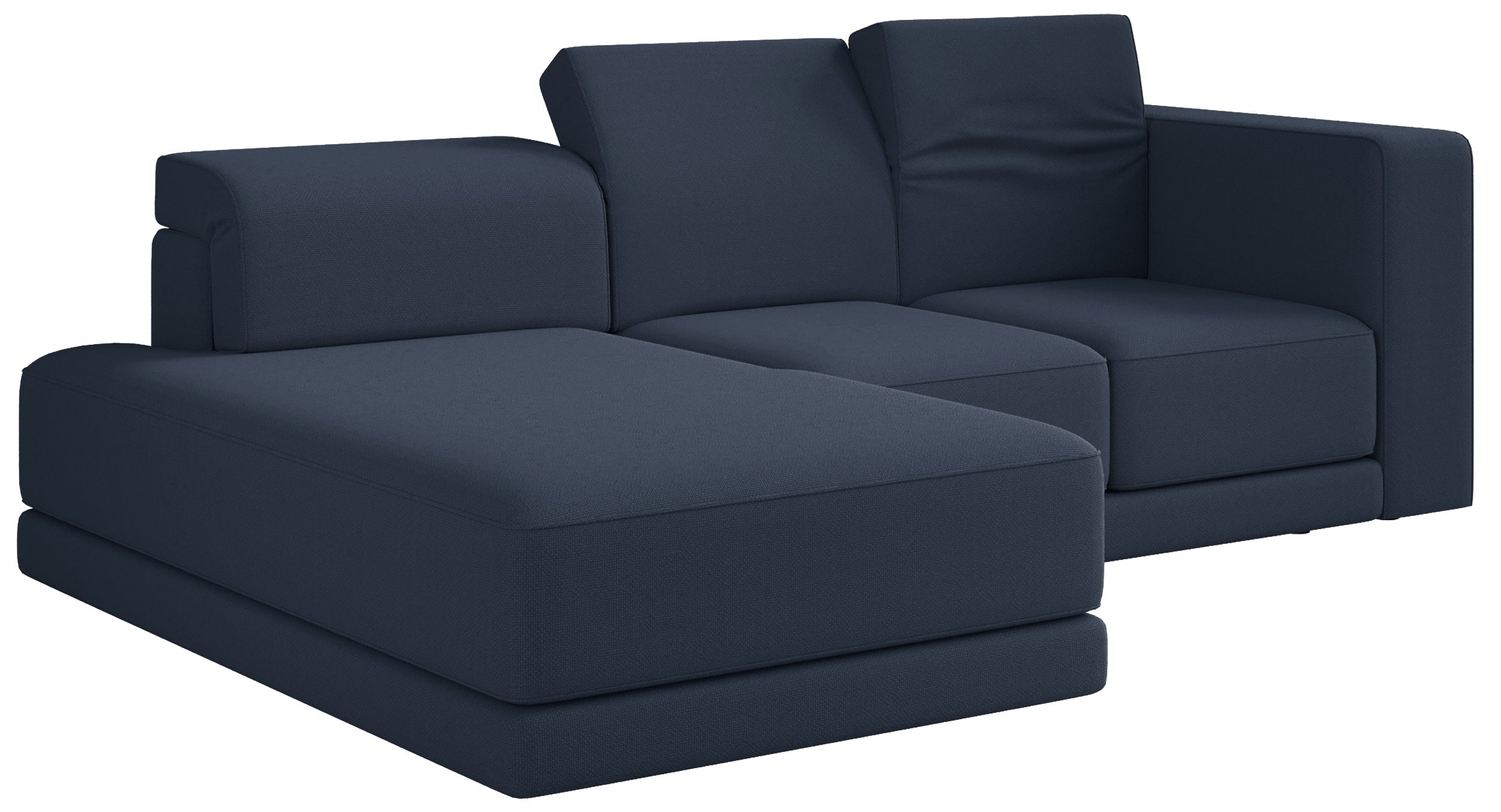 Ecksofa Novals L-förmig links mit verstellbaren Kopfstützen, marineblauer Chenillestoff