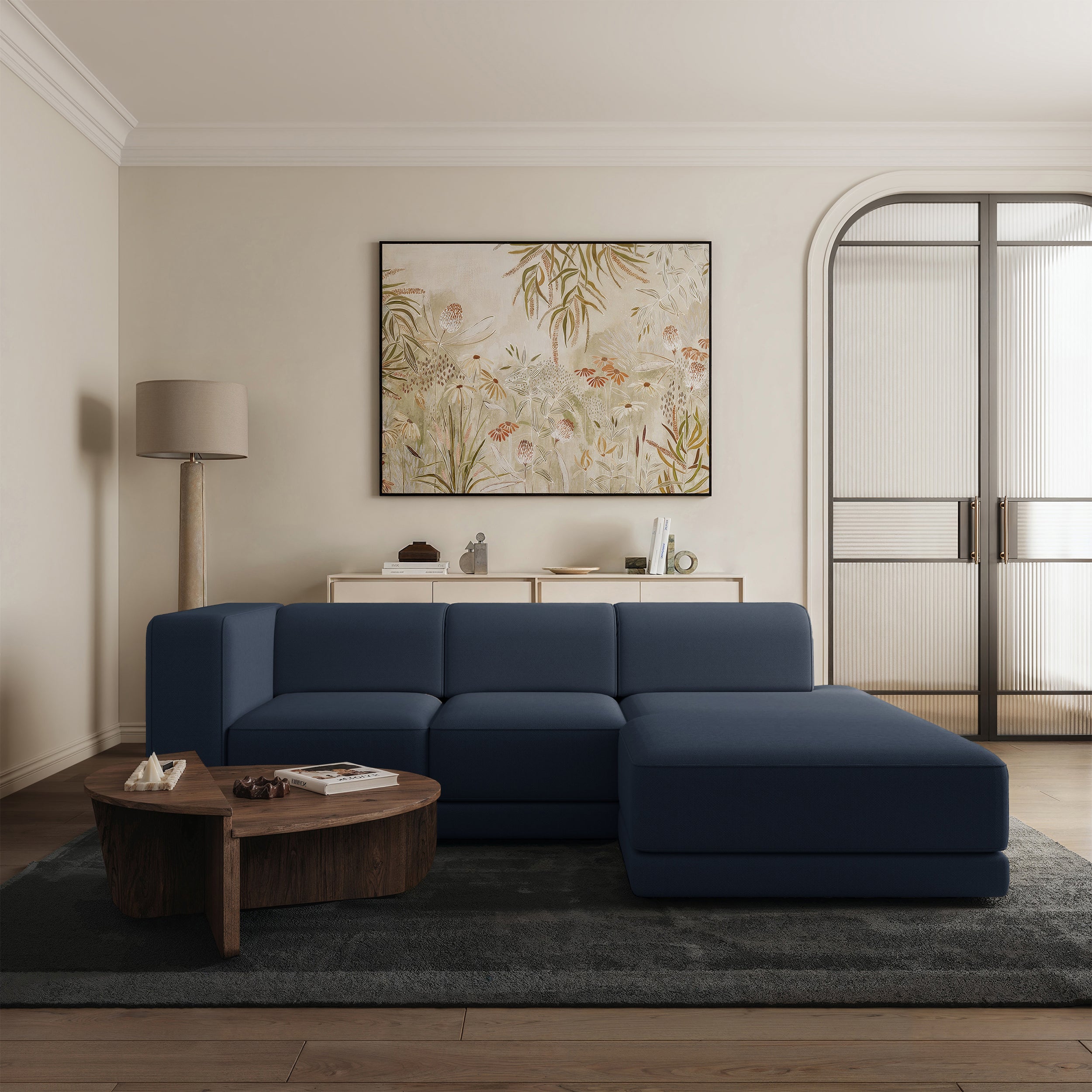 Ecksofa Novals, L-förmig, rechtsseitig mit verstellbaren Kopfstützen, marineblauer Chenille-Stoff