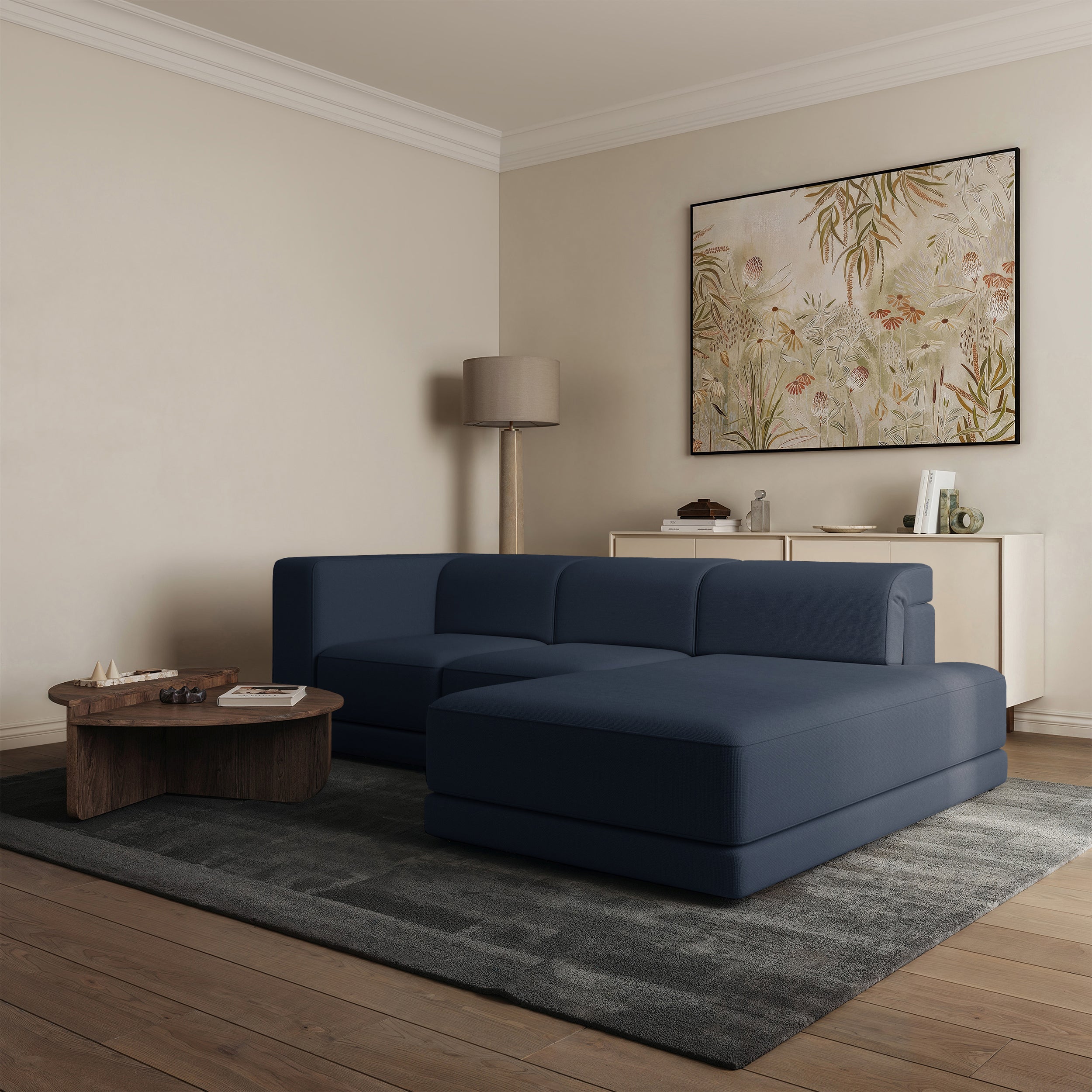 Ecksofa Novals, L-förmig, rechtsseitig mit verstellbaren Kopfstützen, marineblauer Chenille-Stoff