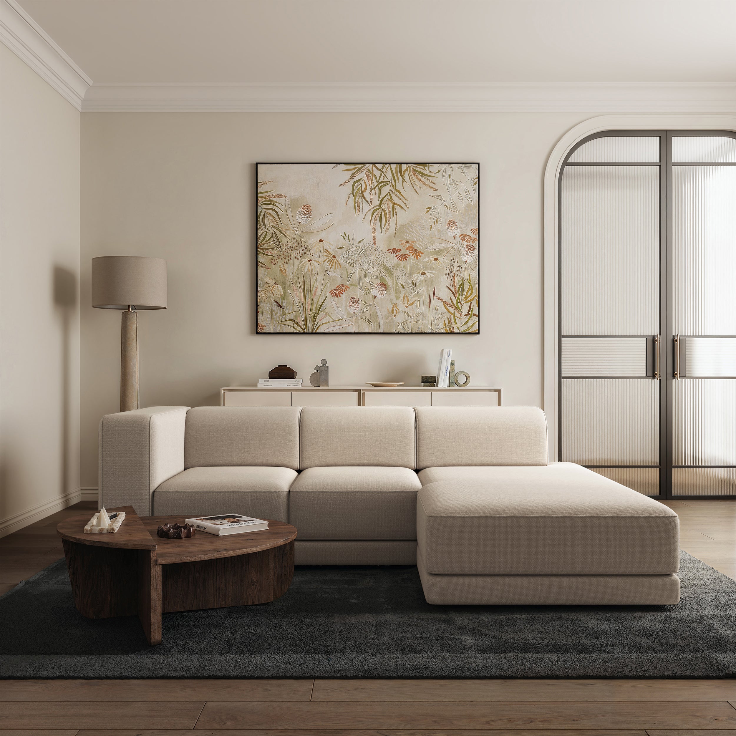 Ecksofa Novals, L-förmig, rechtsseitig mit verstellbaren Kopfstützen, beige Chenille