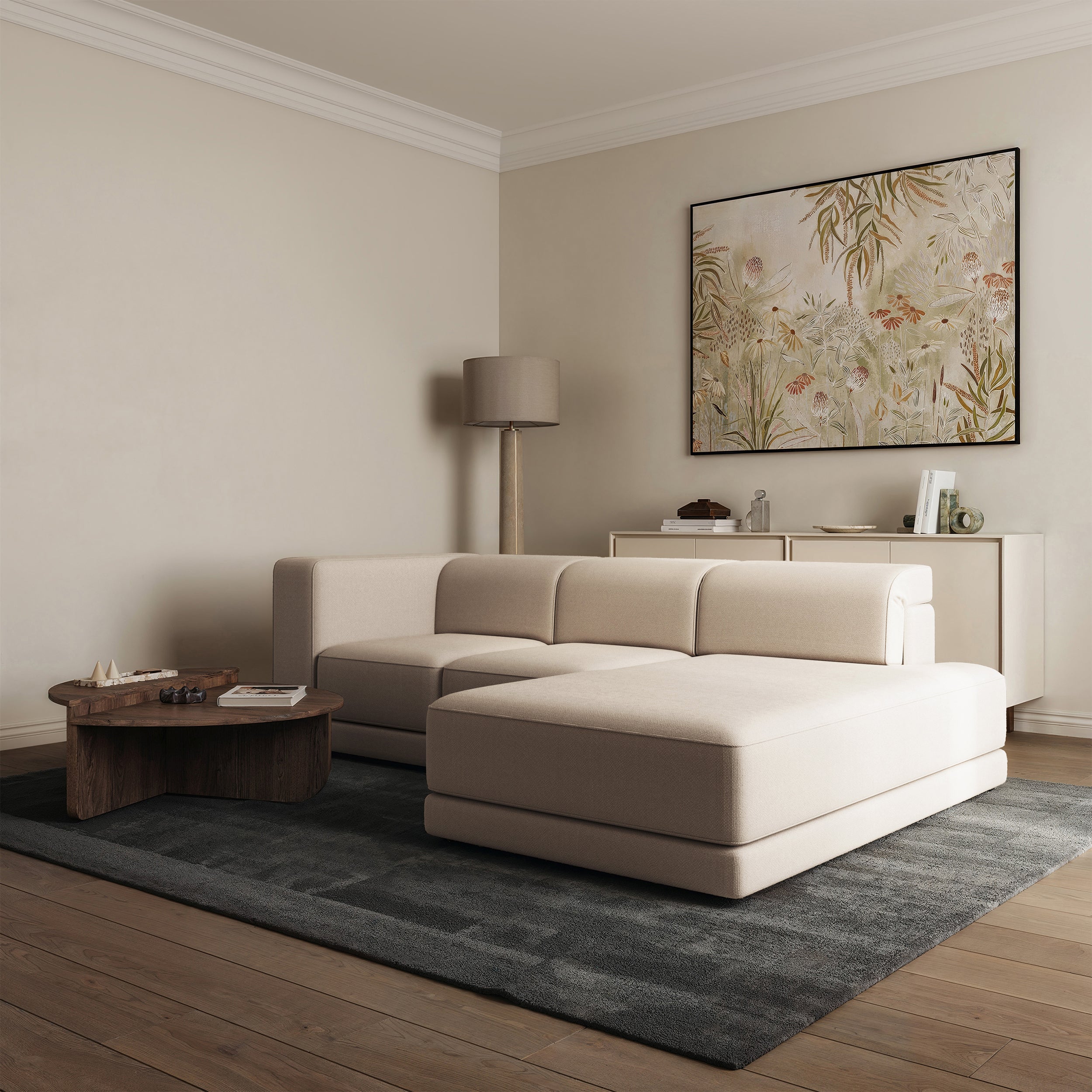 Ecksofa Novals, L-förmig, rechtsseitig mit verstellbaren Kopfstützen, beige Chenille