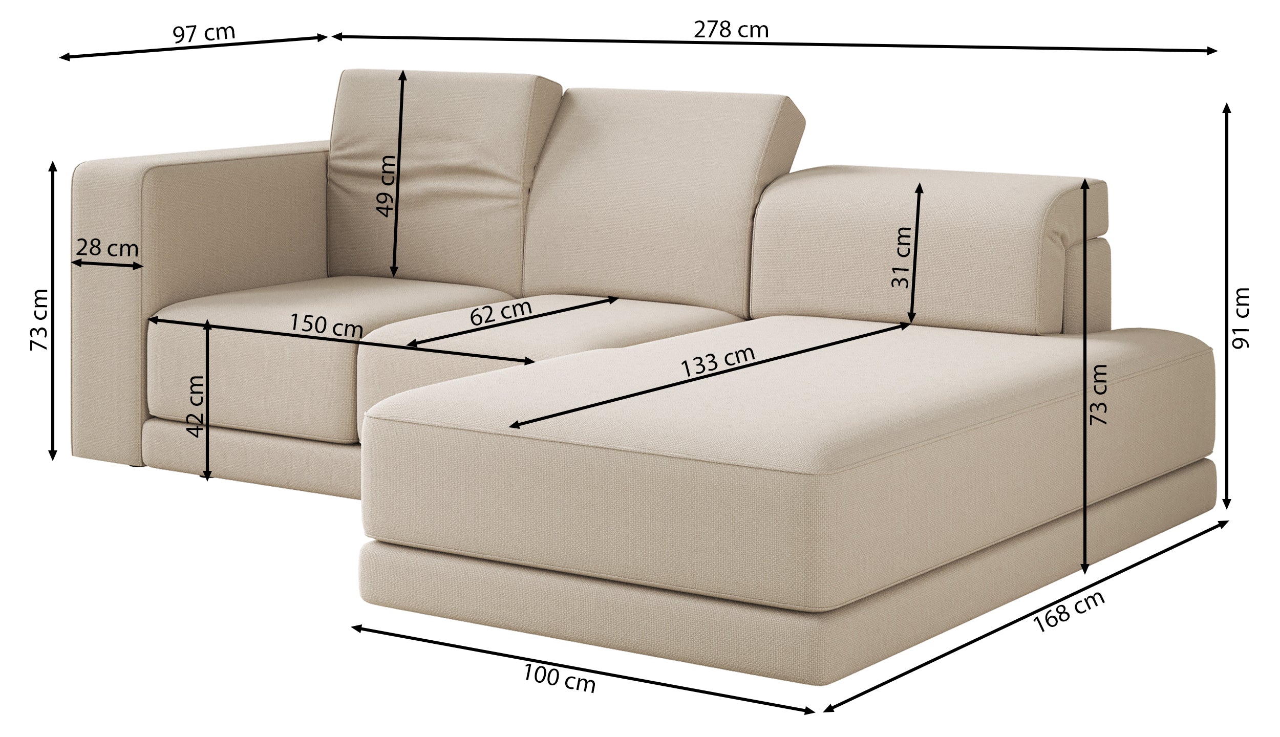 Ecksofa Novals L-förmig links mit verstellbaren Kopfstützen, marineblauer Chenillestoff