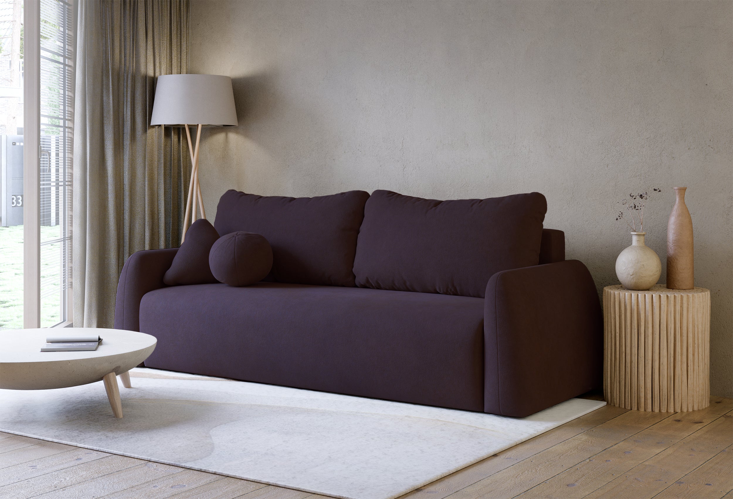 Dreisitziges ausklappbares Sofa Nubelle in violettem, wasserabweisendem Chenillestoff