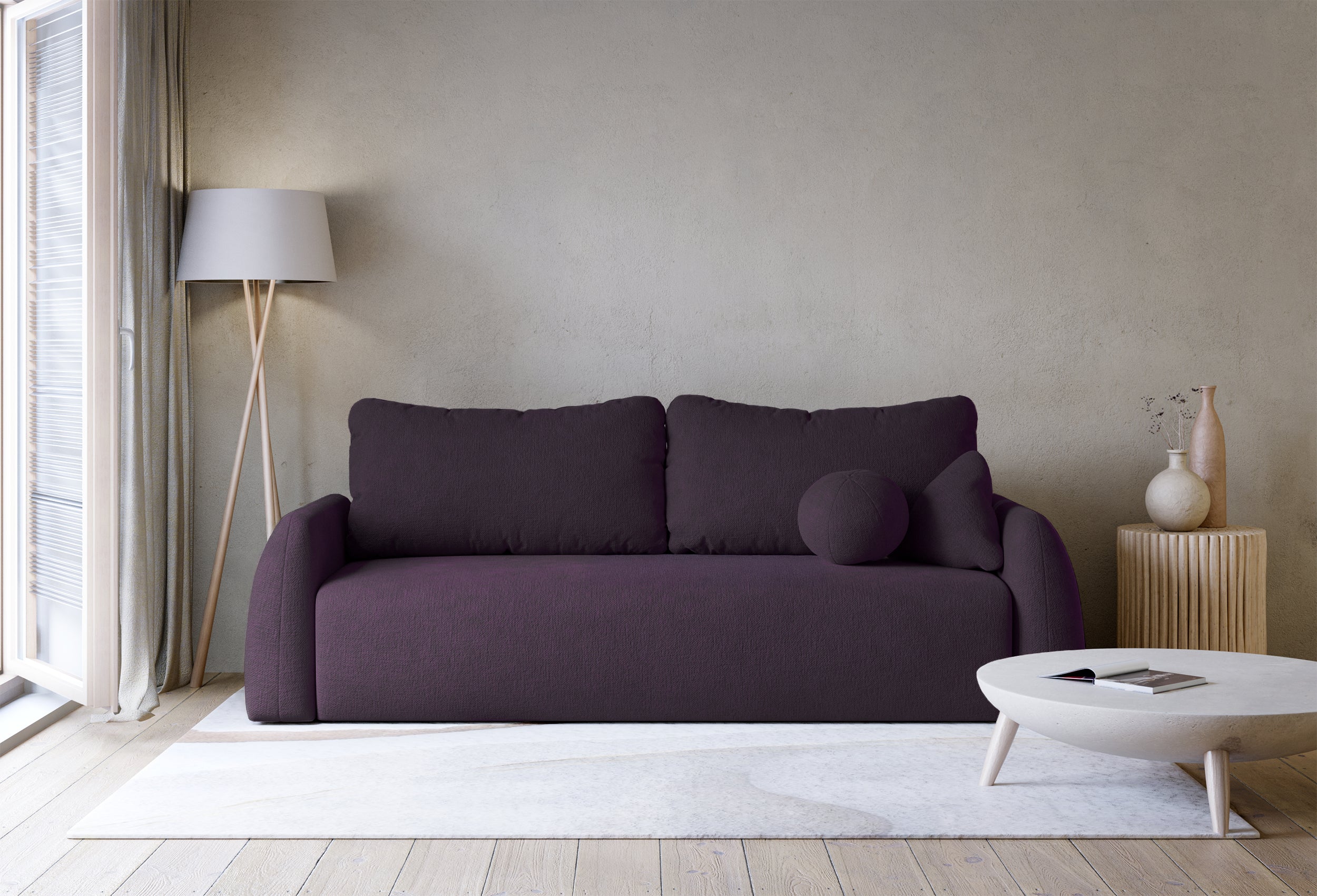 Dreisitziges ausklappbares Sofa Nubelle in violettem, wasserabweisendem Chenillestoff
