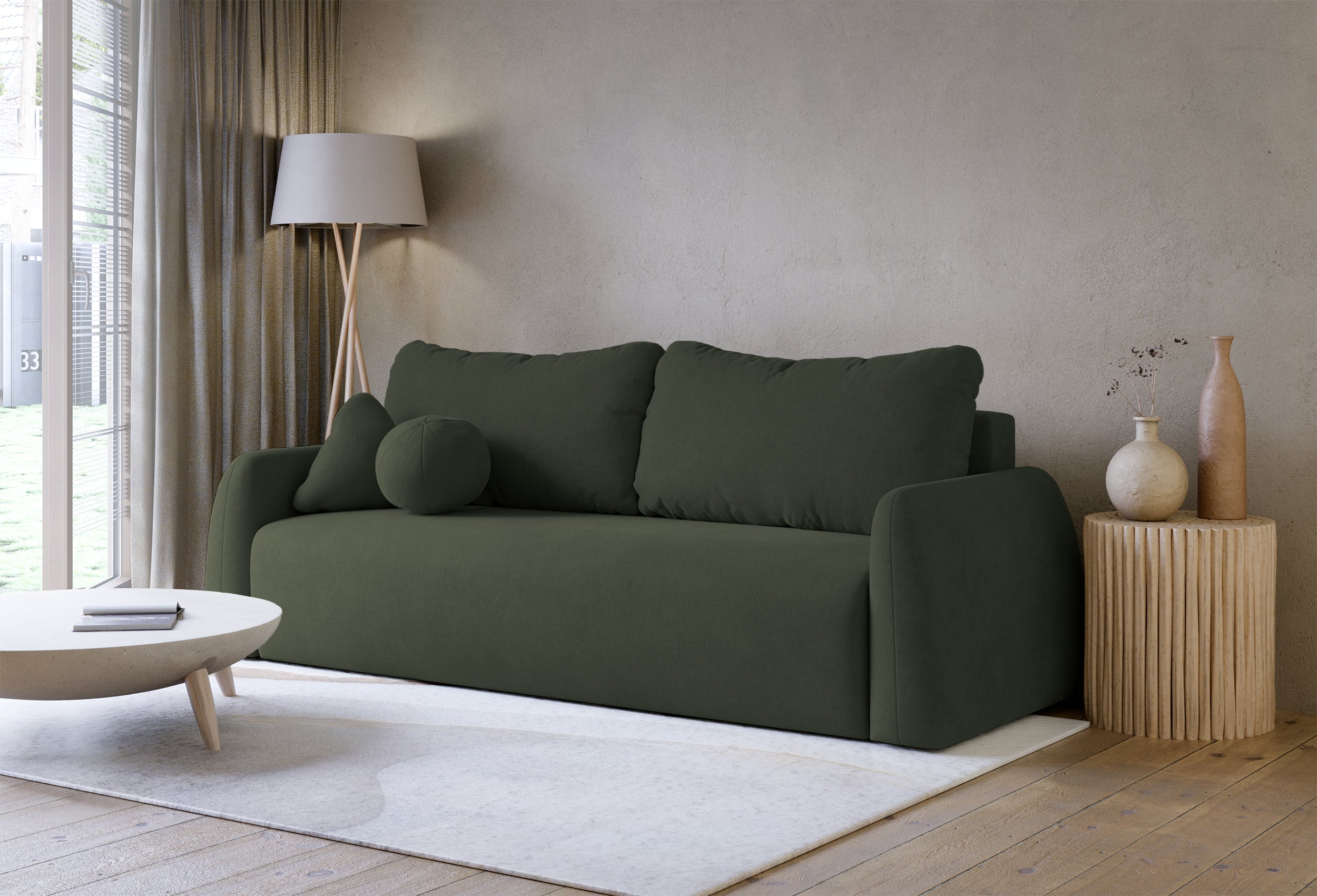 Dreisitziges ausklappbares Sofa Nubelle, dunkelgrün, hydrophober Chenille-Stoff