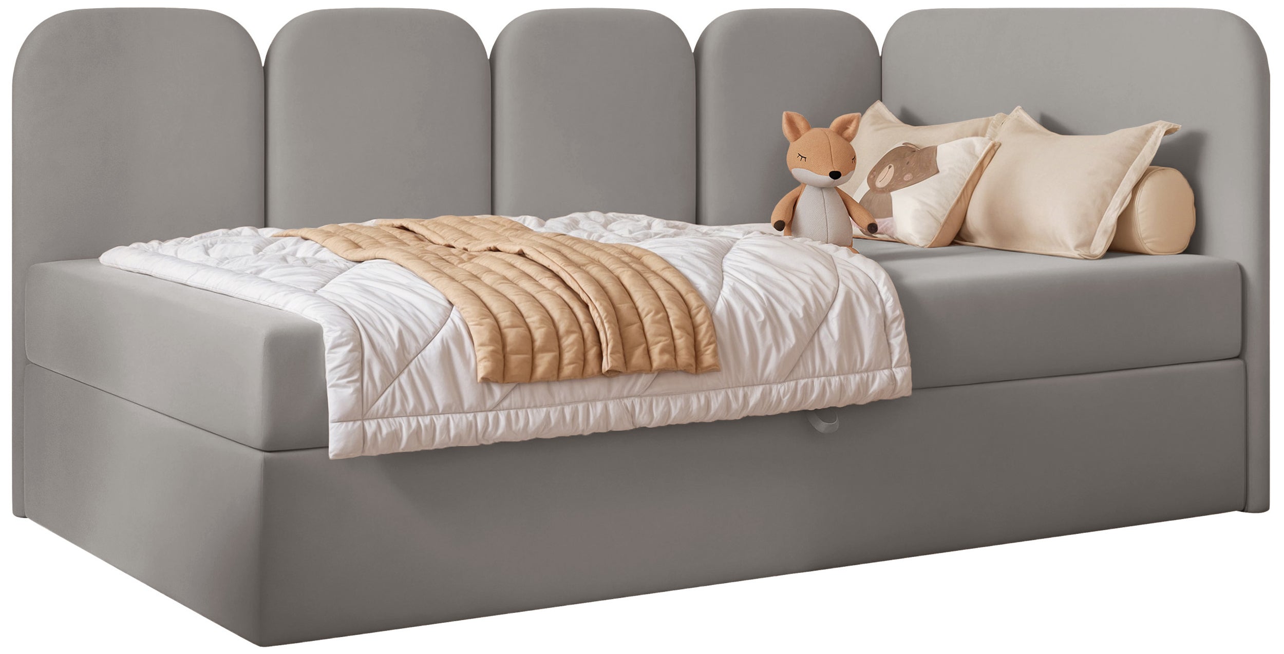 Jugendbett 90x200 cm Nubini rechtsseitig mit Stauraum, grauer Velours, wasserabweisend