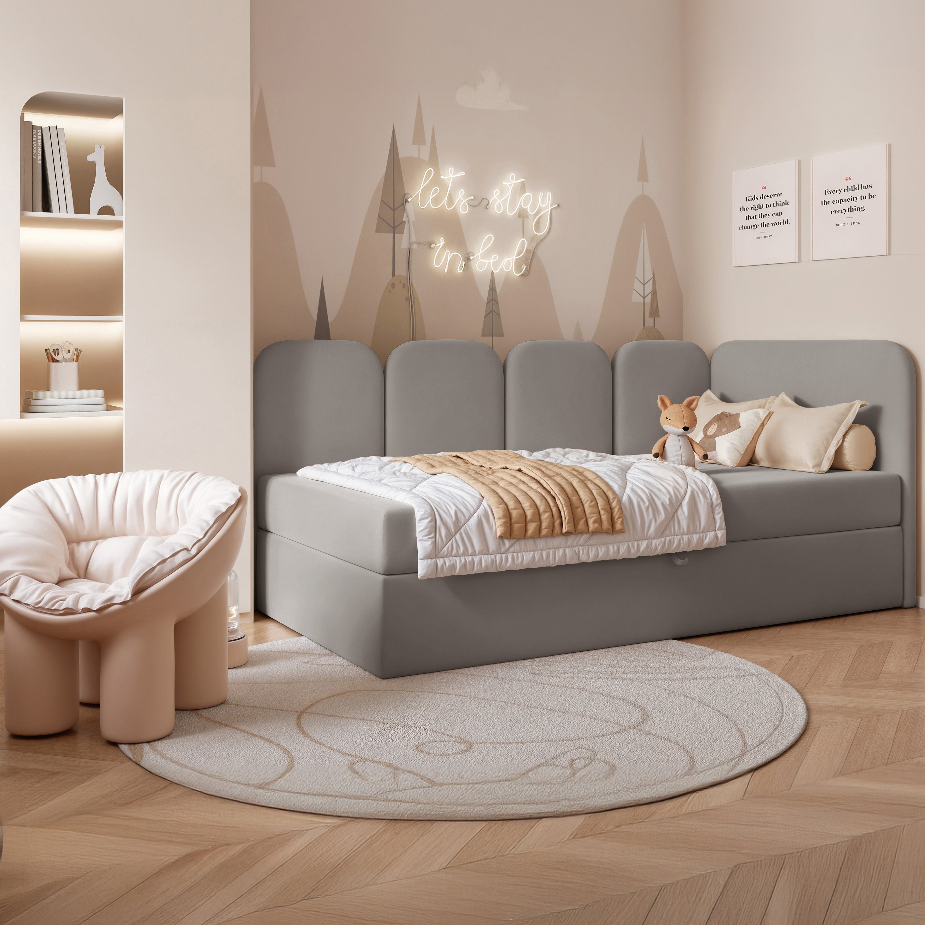 Jugendbett 90x200 cm Nubini rechtsseitig mit Stauraum, grauer Velours, wasserabweisend