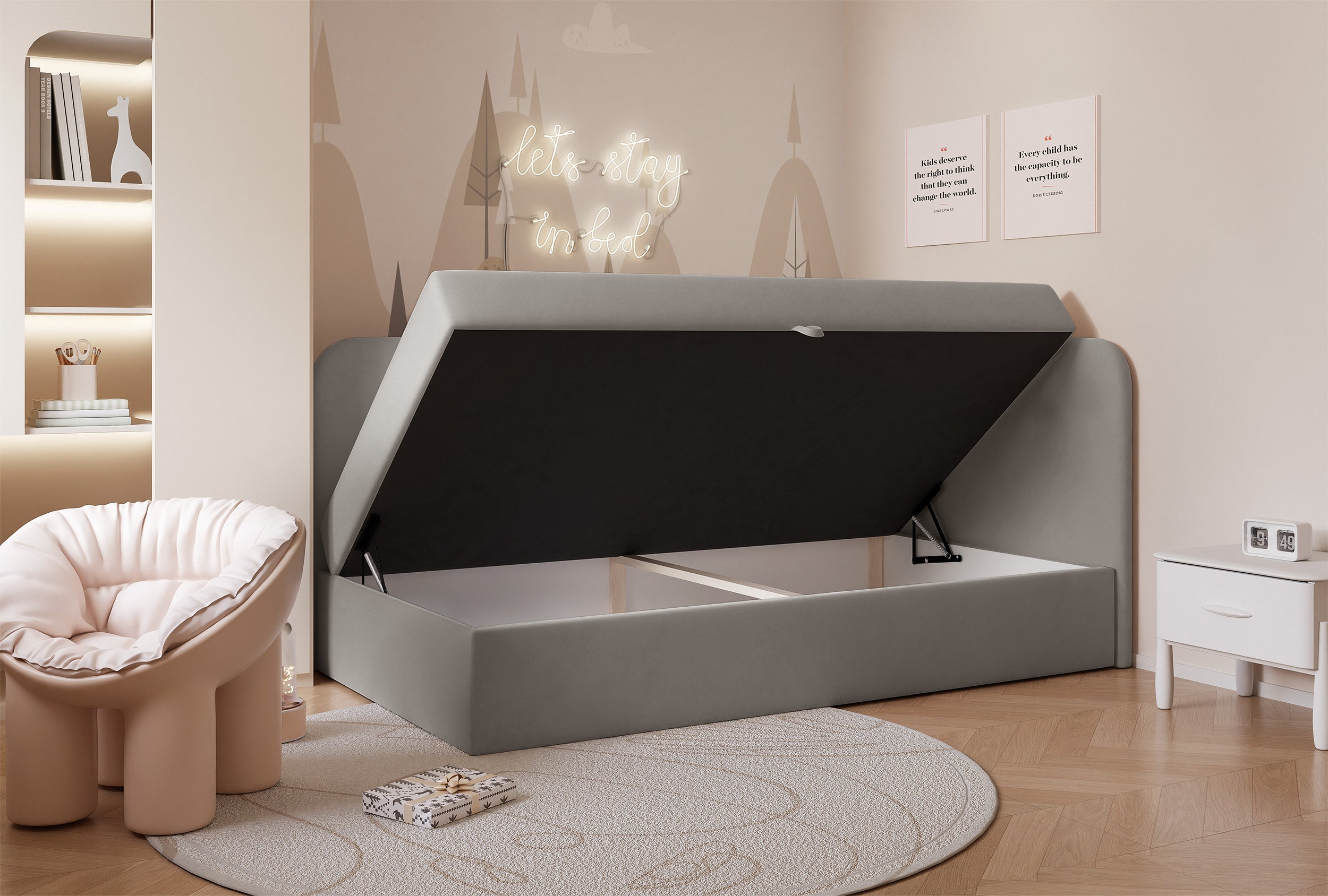 Jugendbett 90x200 cm Nubini rechtsseitig mit Stauraum, grauer Velours, wasserabweisend