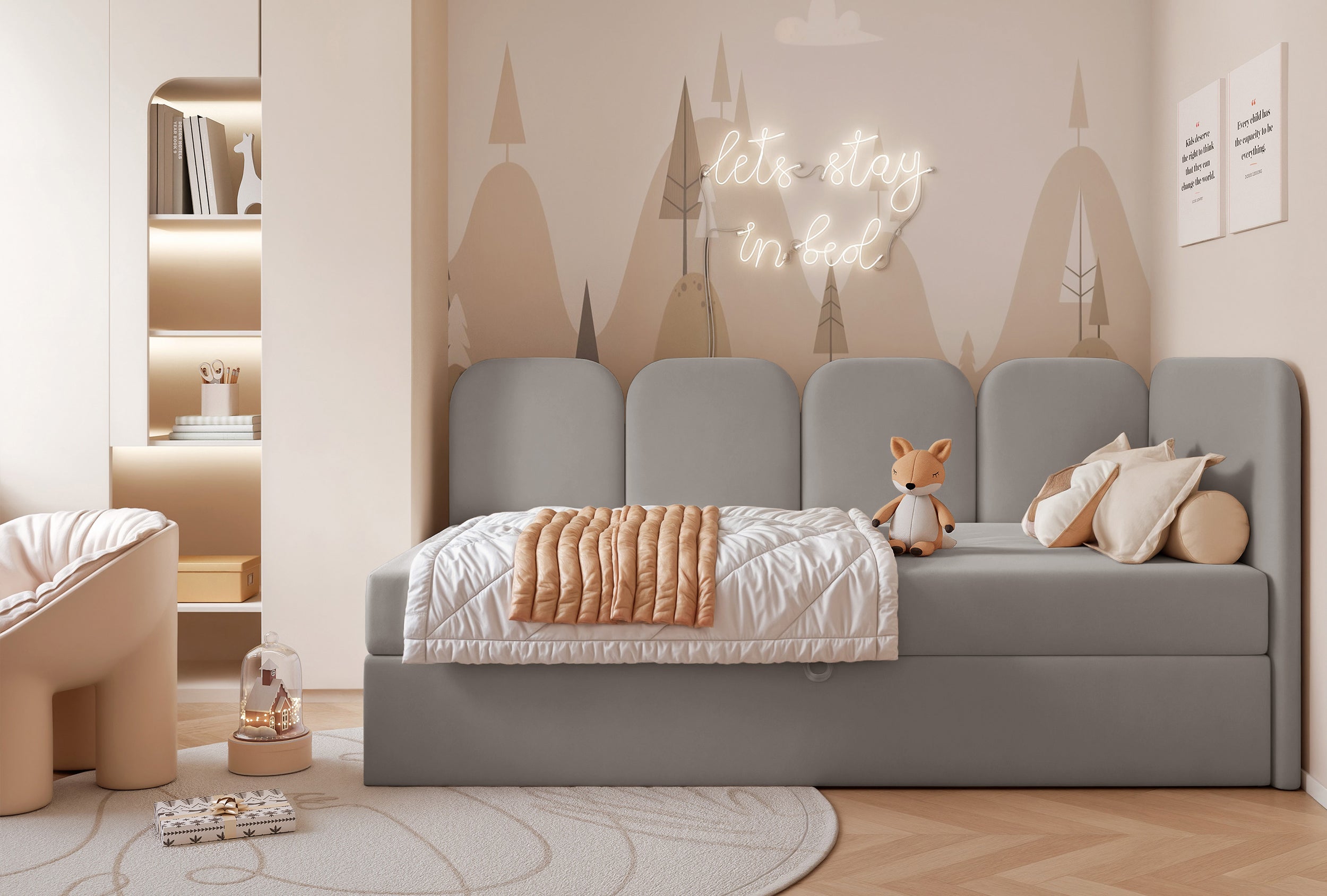 Jugendbett 90x200 cm Nubini rechtsseitig mit Stauraum, grauer Velours, wasserabweisend