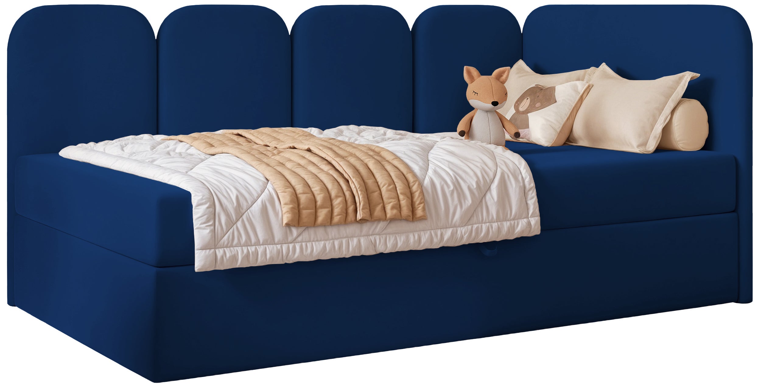 Jugendbett 90x200 cm Nubini rechtsseitig mit Stauraum, blau, wasserabweisender Samt