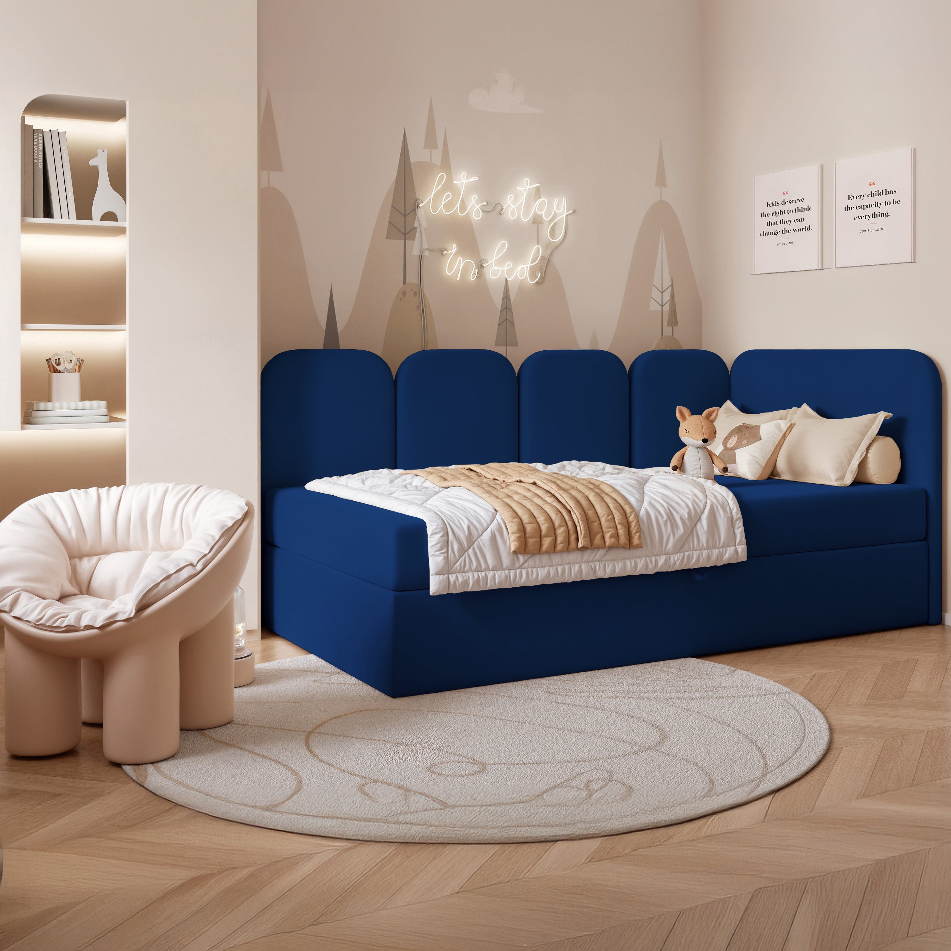 Jugendbett 90x200 cm Nubini rechtsseitig mit Stauraum, blau, wasserabweisender Samt