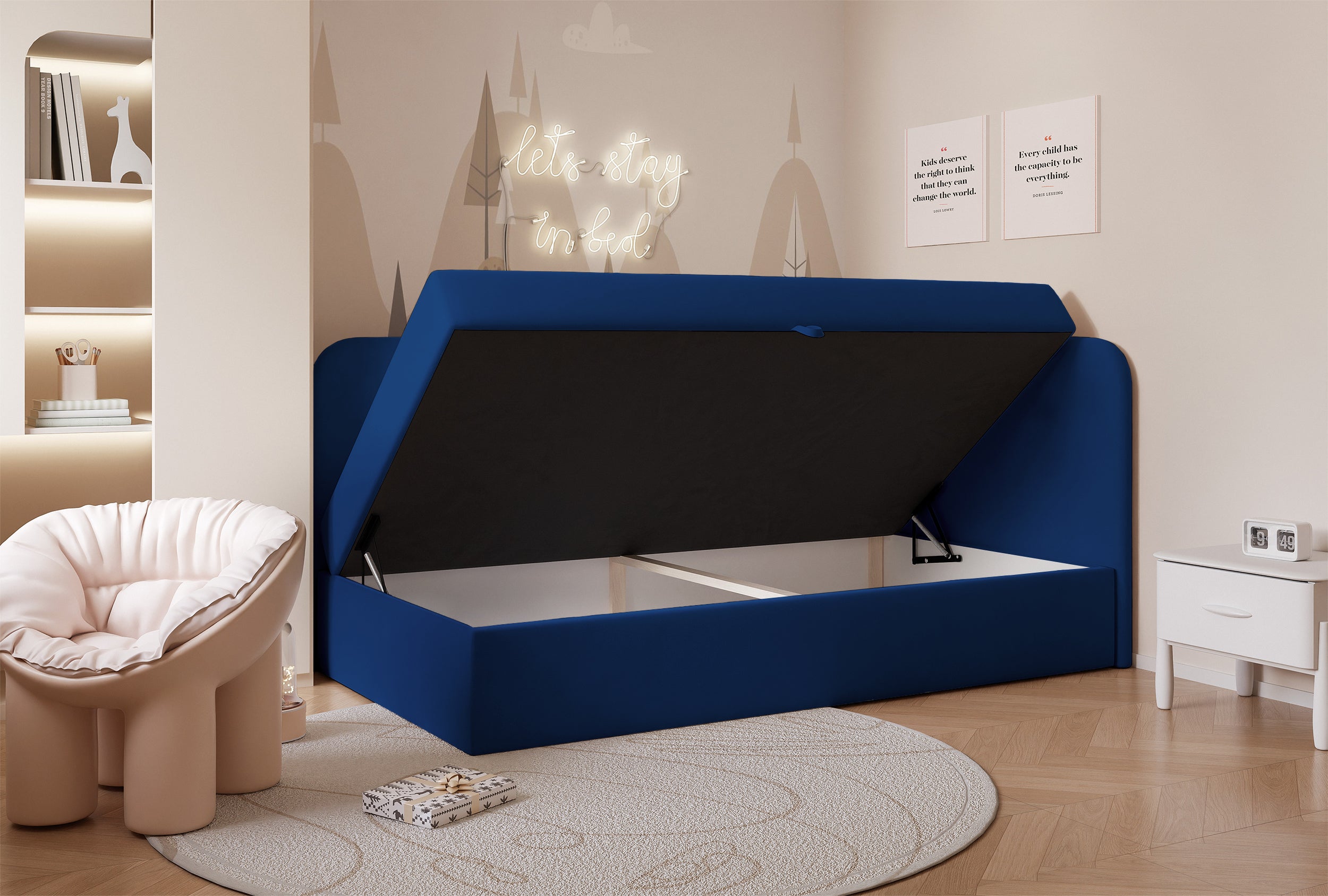 Jugendbett 90x200 cm Nubini rechtsseitig mit Stauraum, blau, wasserabweisender Samt