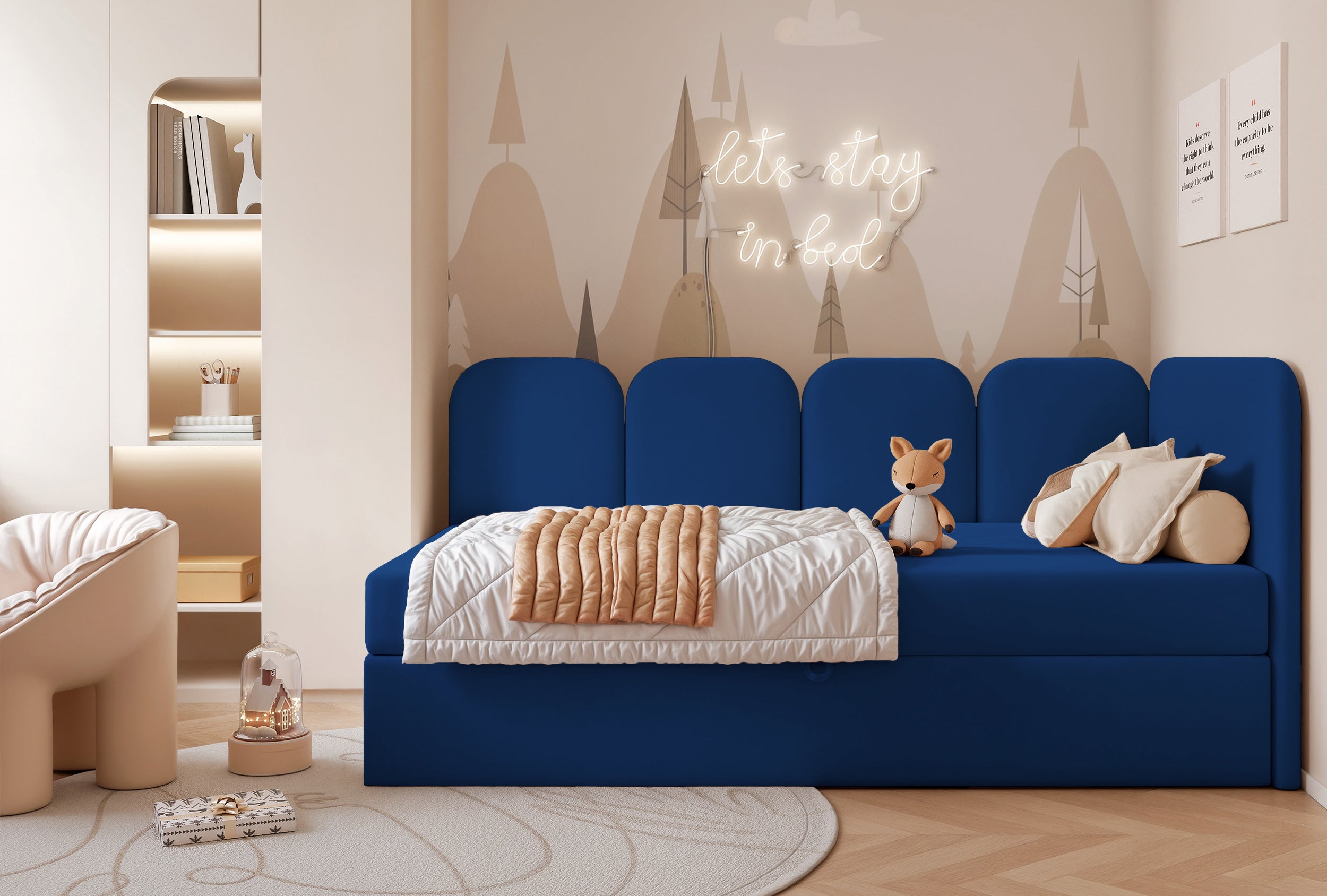 Jugendbett 90x200 cm Nubini rechtsseitig mit Stauraum, blau, wasserabweisender Samt