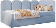 Jugendbett 90x200 cm Nubini rechtsseitig mit Stauraum, hellblauer, hydrophober Samt