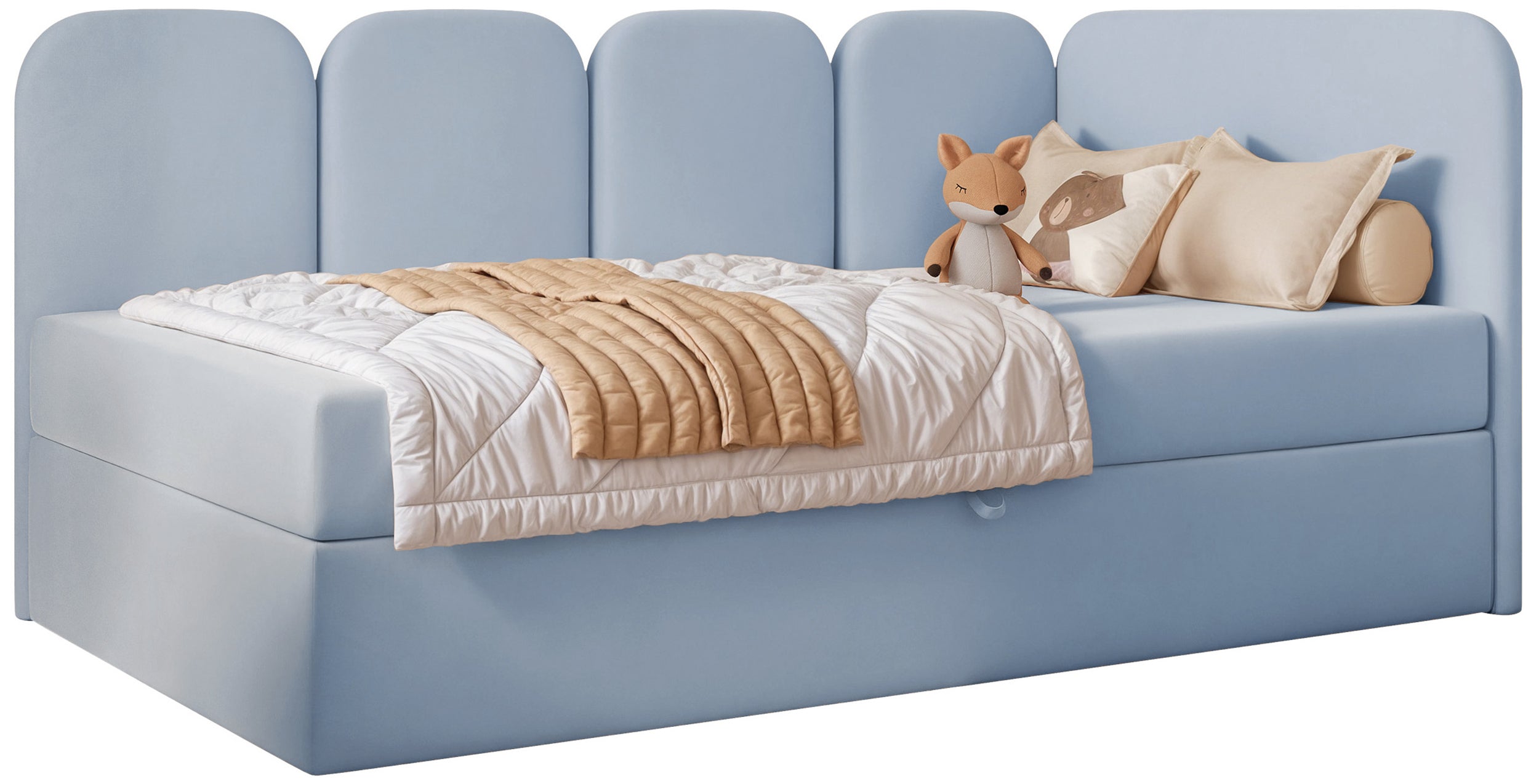 Jugendbett 90x200 cm Nubini rechtsseitig mit Stauraum, hellblauer, hydrophober Samt