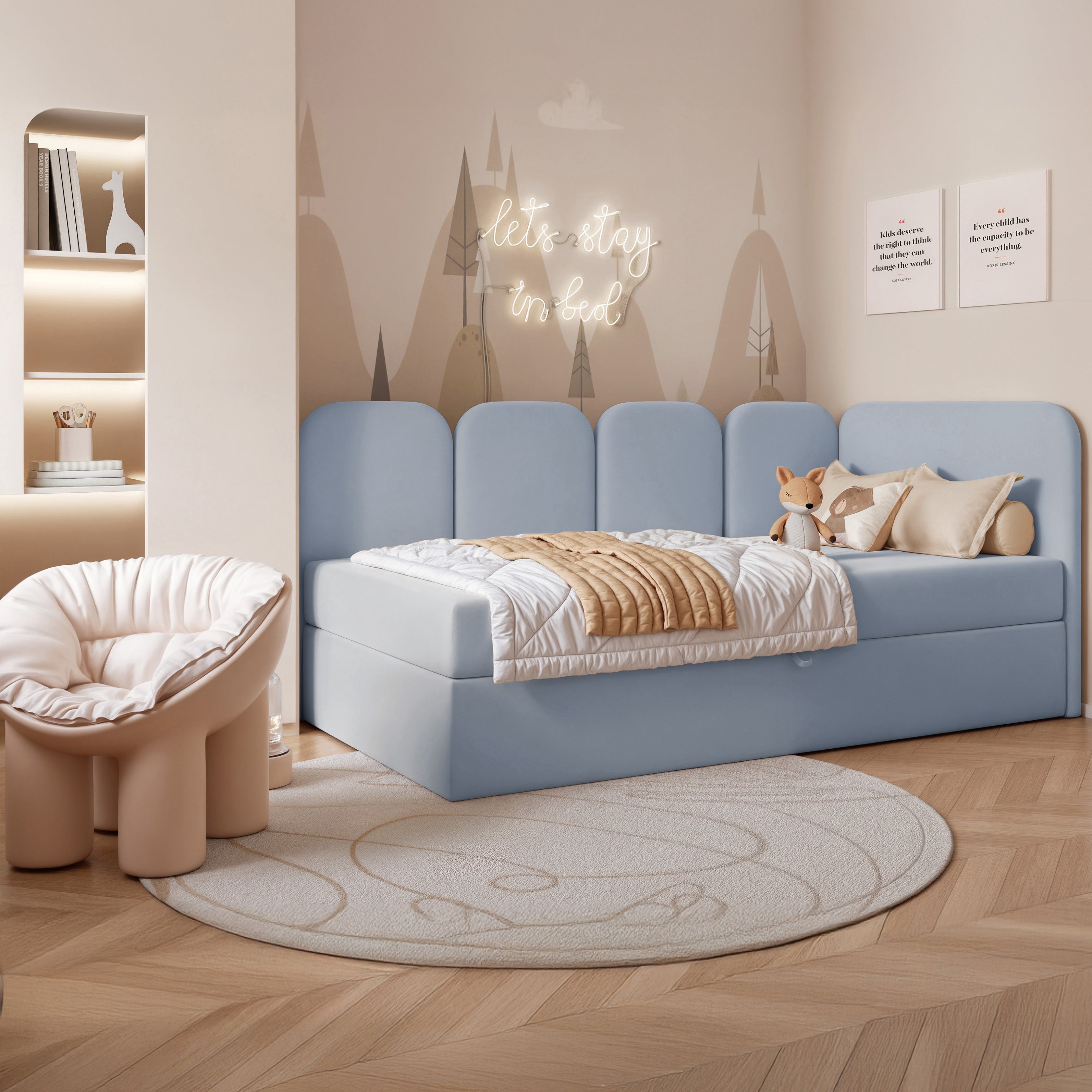 Jugendbett 90x200 cm Nubini rechtsseitig mit Stauraum, hellblauer, hydrophober Samt