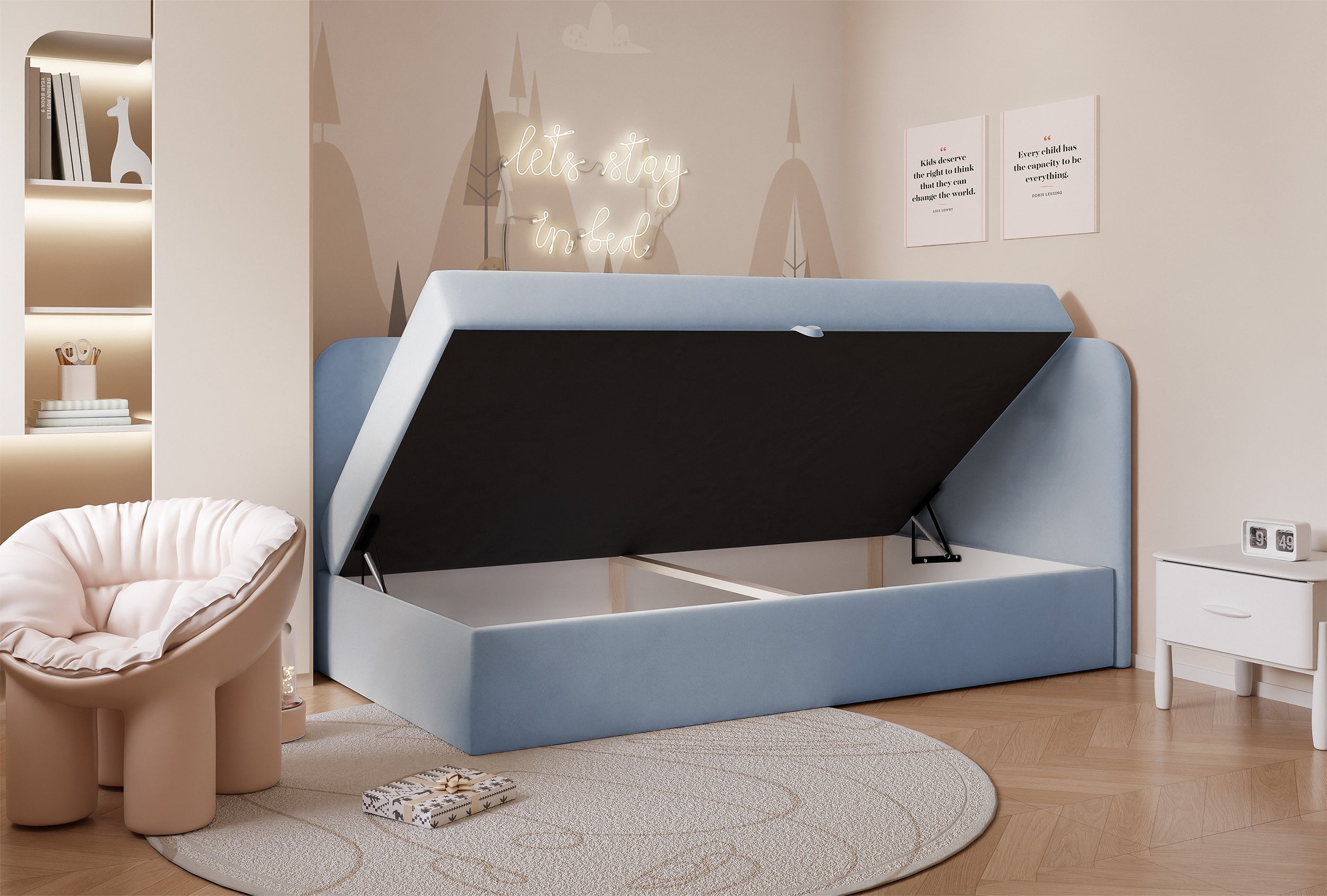 Jugendbett 90x200 cm Nubini rechtsseitig mit Stauraum, hellblauer, hydrophober Samt