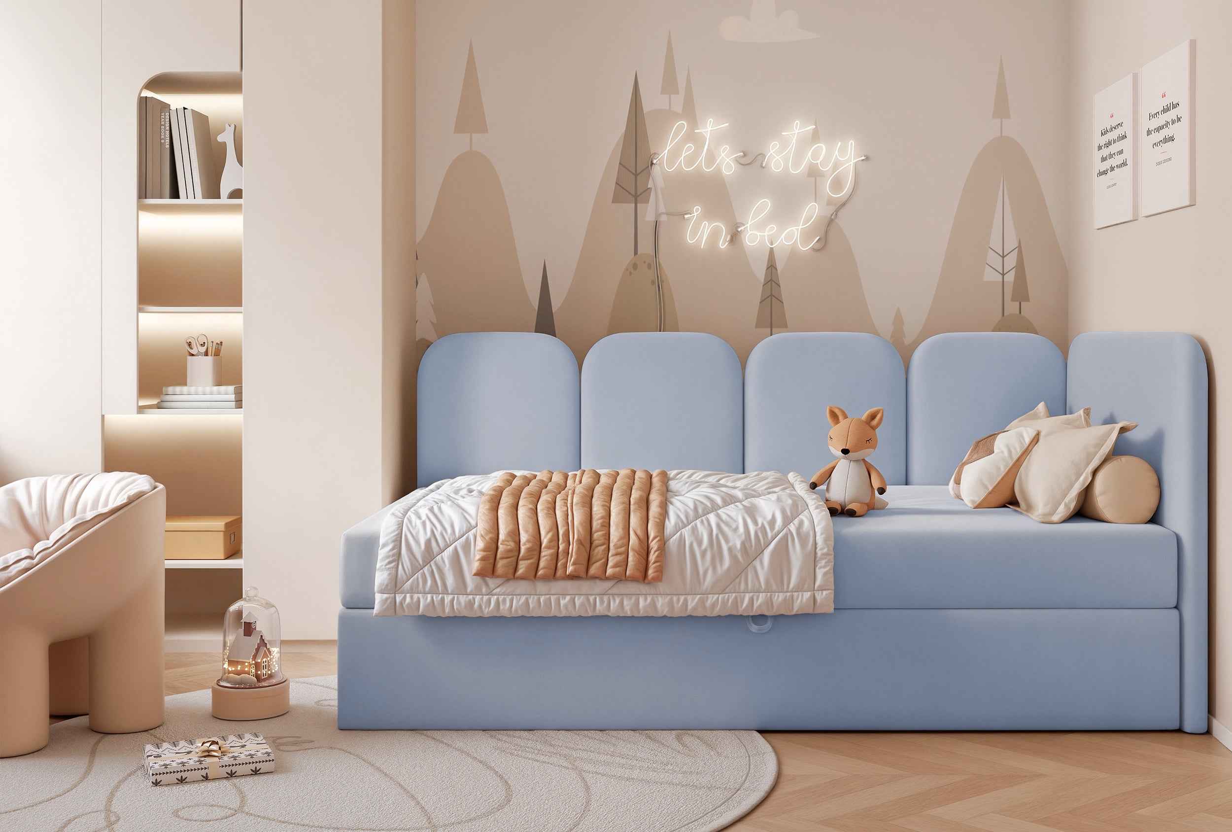Jugendbett 90x200 cm Nubini rechtsseitig mit Stauraum, hellblauer, hydrophober Samt