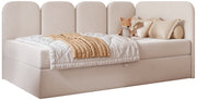 Jugendbett 90x200 cm Nubini, rechtsseitig mit Stauraum, hellbeiger Velours, hydrophob