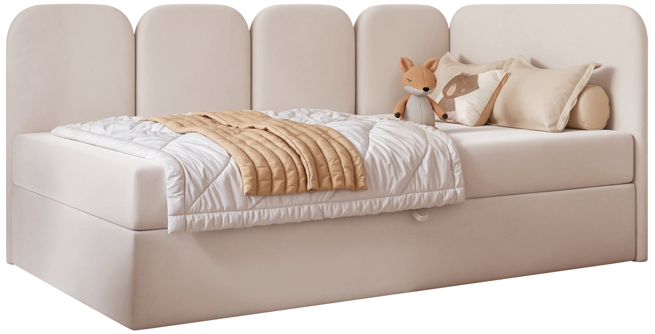 Jugendbett 90x200 cm Nubini, rechtsseitig mit Stauraum, hellbeiger Velours, hydrophob