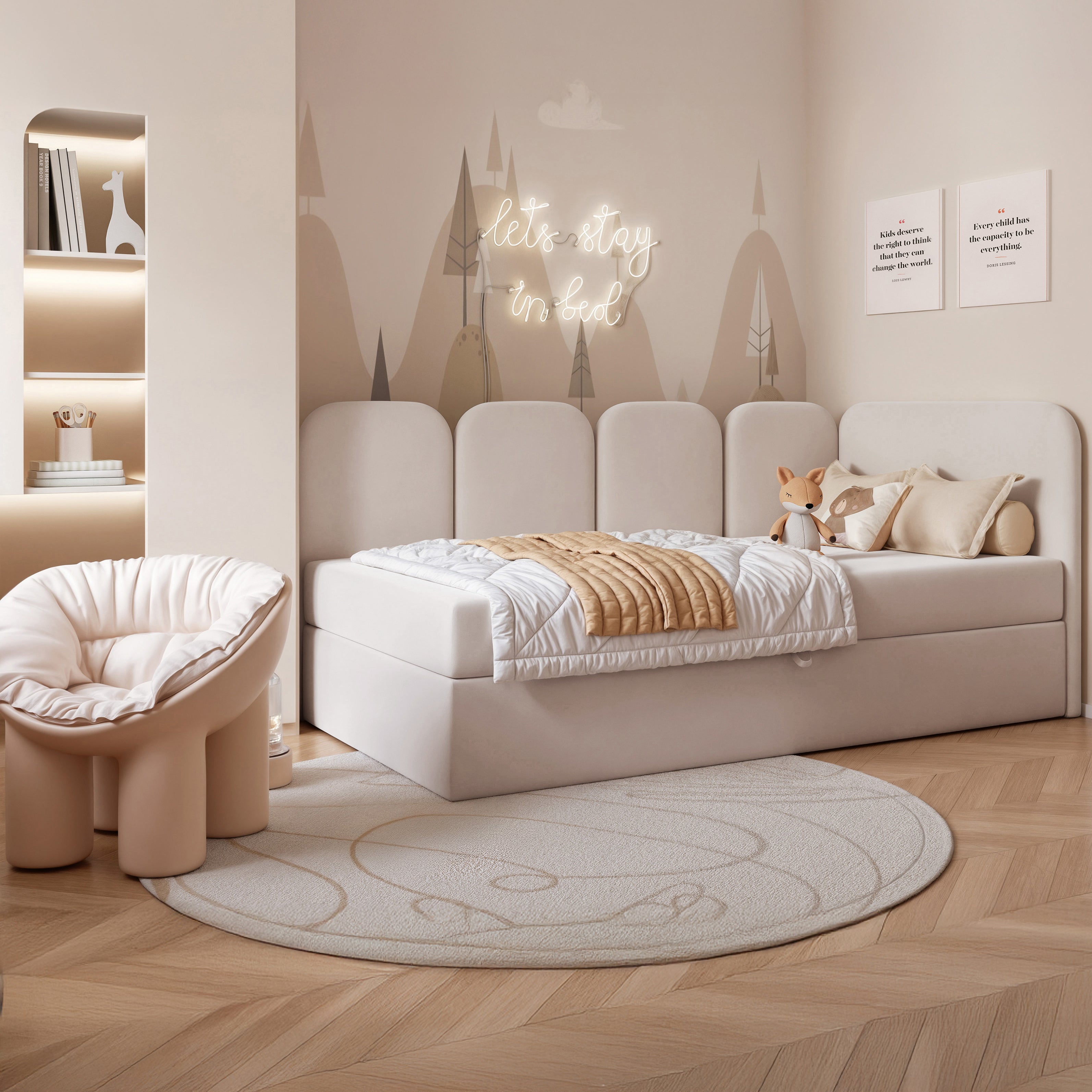 Jugendbett 90x200 cm Nubini, rechtsseitig mit Stauraum, hellbeiger Velours, hydrophob