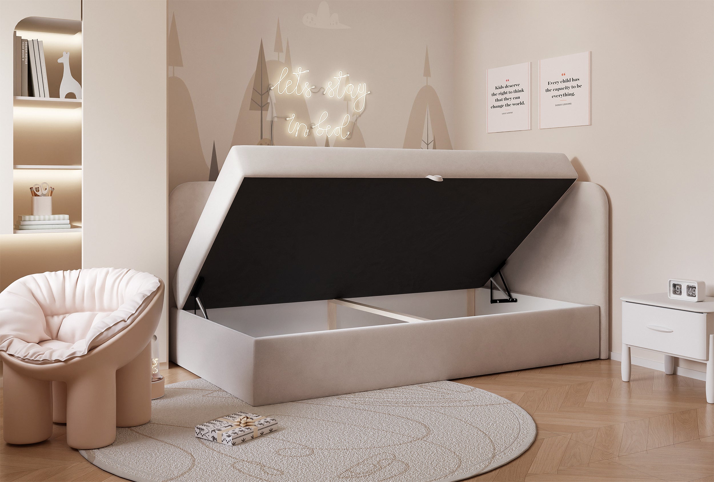 Jugendbett 90x200 cm Nubini, rechtsseitig mit Stauraum, hellbeiger Velours, hydrophob