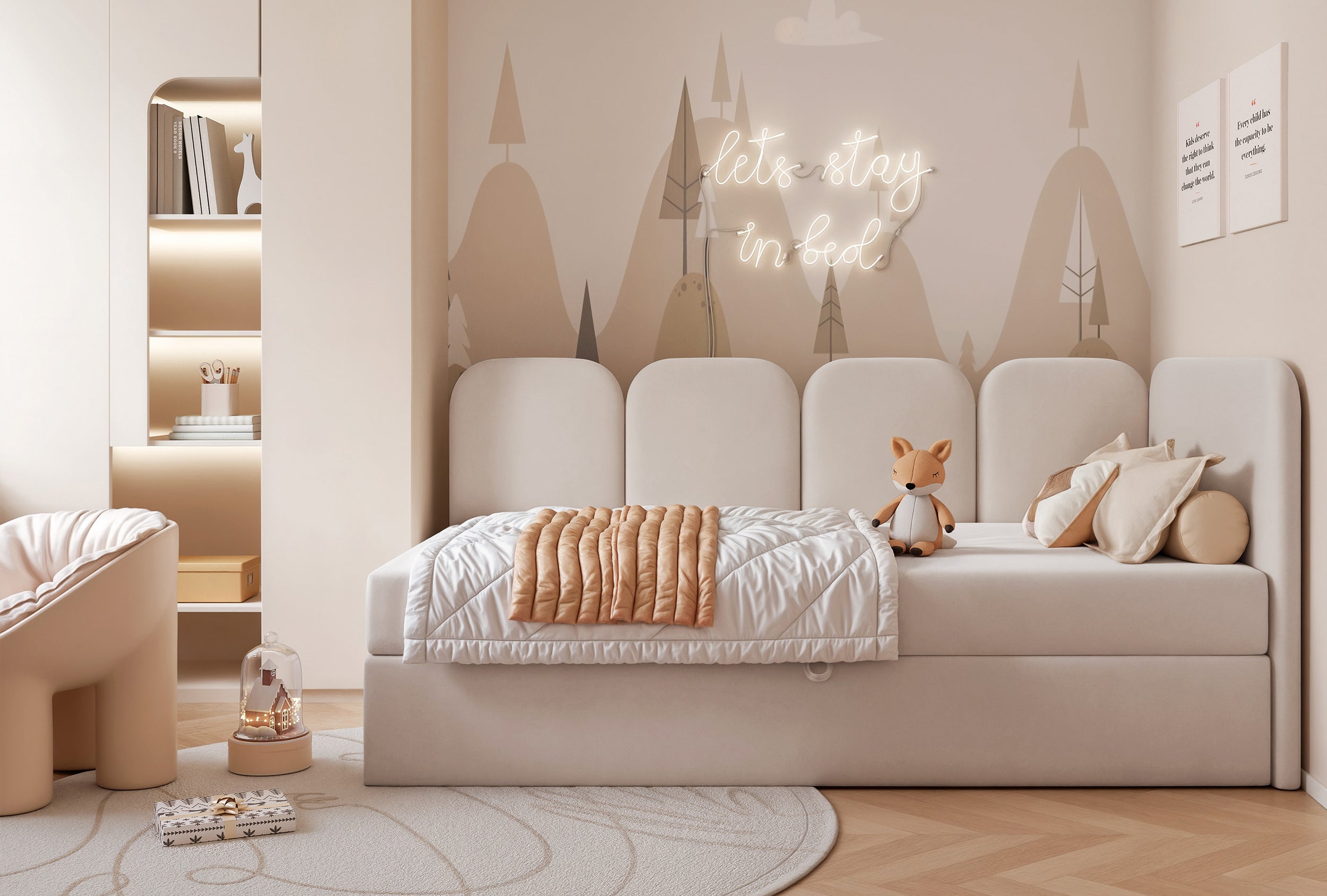 Jugendbett 90x200 cm Nubini, rechtsseitig mit Stauraum, hellbeiger Velours, hydrophob