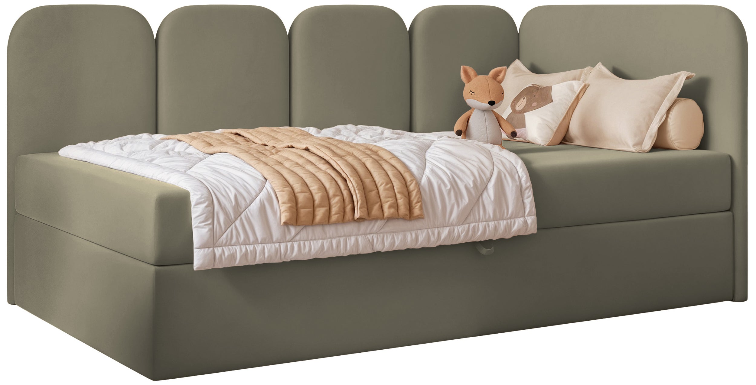 Jugendbett 90x200 cm Nubini rechtsseitig mit Stauraum, salbeigrüner Velours, wasserabweisend