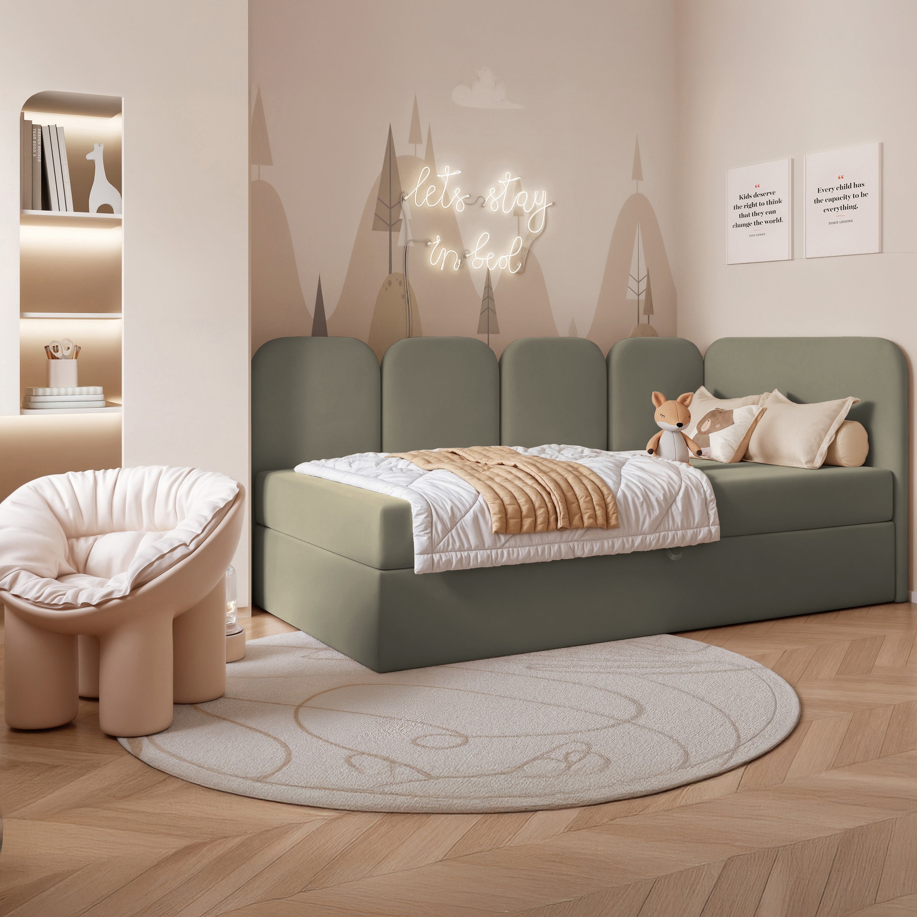 Jugendbett 90x200 cm Nubini rechtsseitig mit Stauraum, salbeigrüner Velours, wasserabweisend