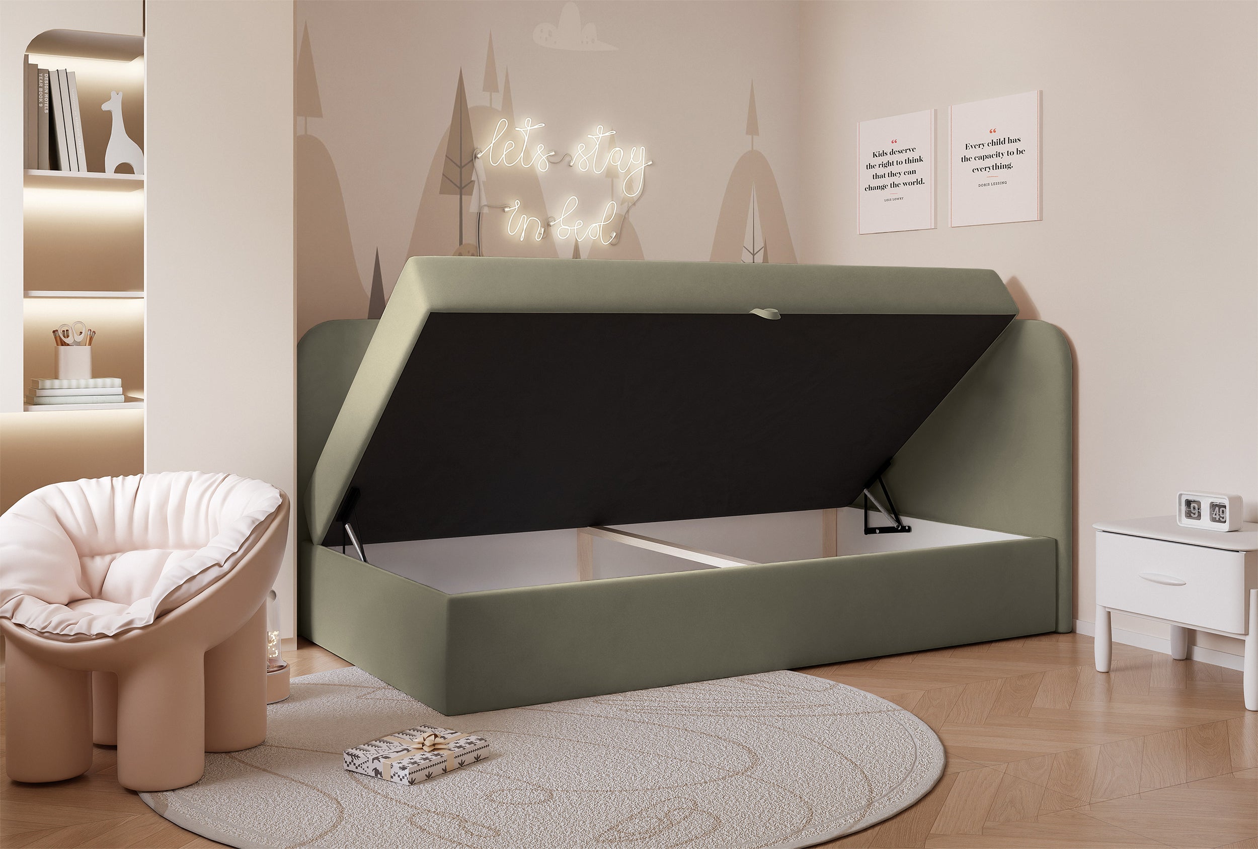 Jugendbett 90x200 cm Nubini rechtsseitig mit Stauraum, salbeigrüner Velours, wasserabweisend