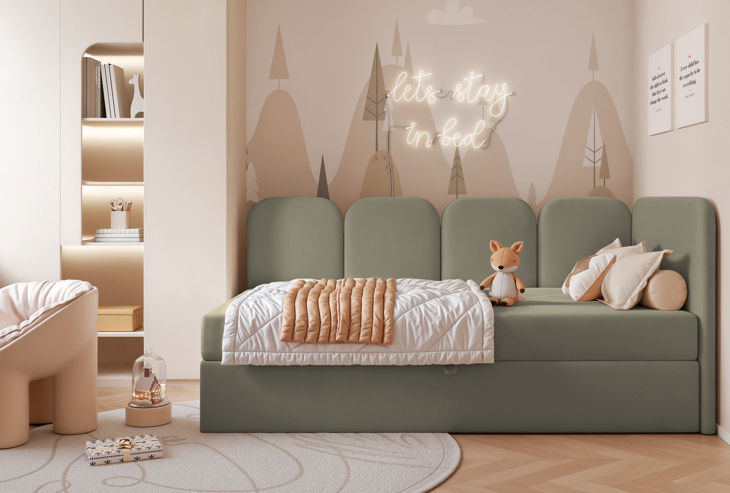 Jugendbett 90x200 cm Nubini rechtsseitig mit Stauraum, salbeigrüner Velours, wasserabweisend